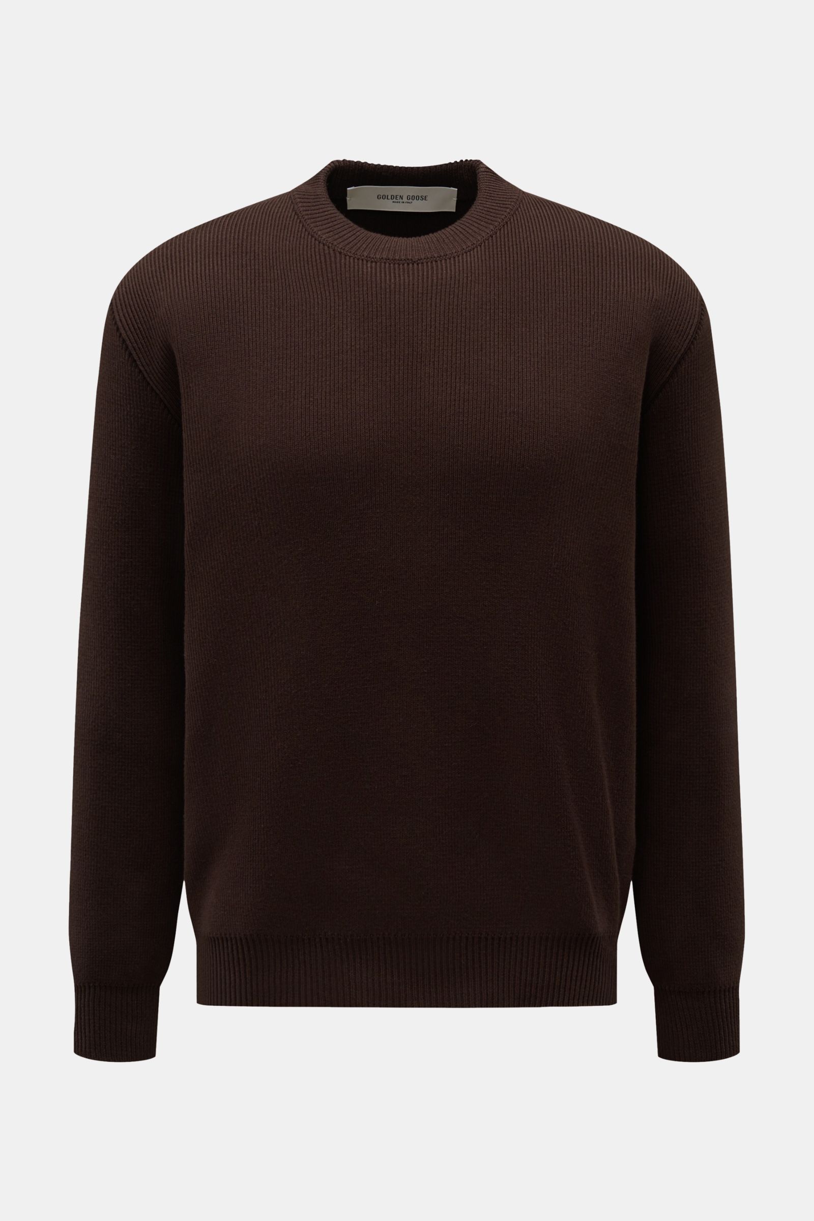 Golden Goose Rundhalspullover 'Davis' dunkelbraun in Frontansicht, feiner Patentstrick, Rundhals, elastische Baumwolle, Regular Fit, weicher Griff.