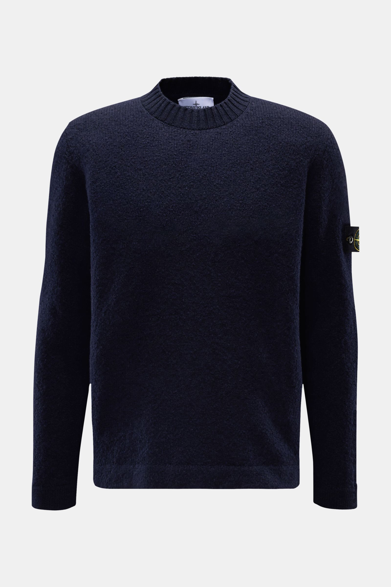 Stone Island Rundhalspullover 'Fancy Yarn' navy, Bouclé-Strick, Regular Fit, Rundhals, Rippstrick-Details seitlich, Kompass-Badge am Arm, frontale Ansicht.