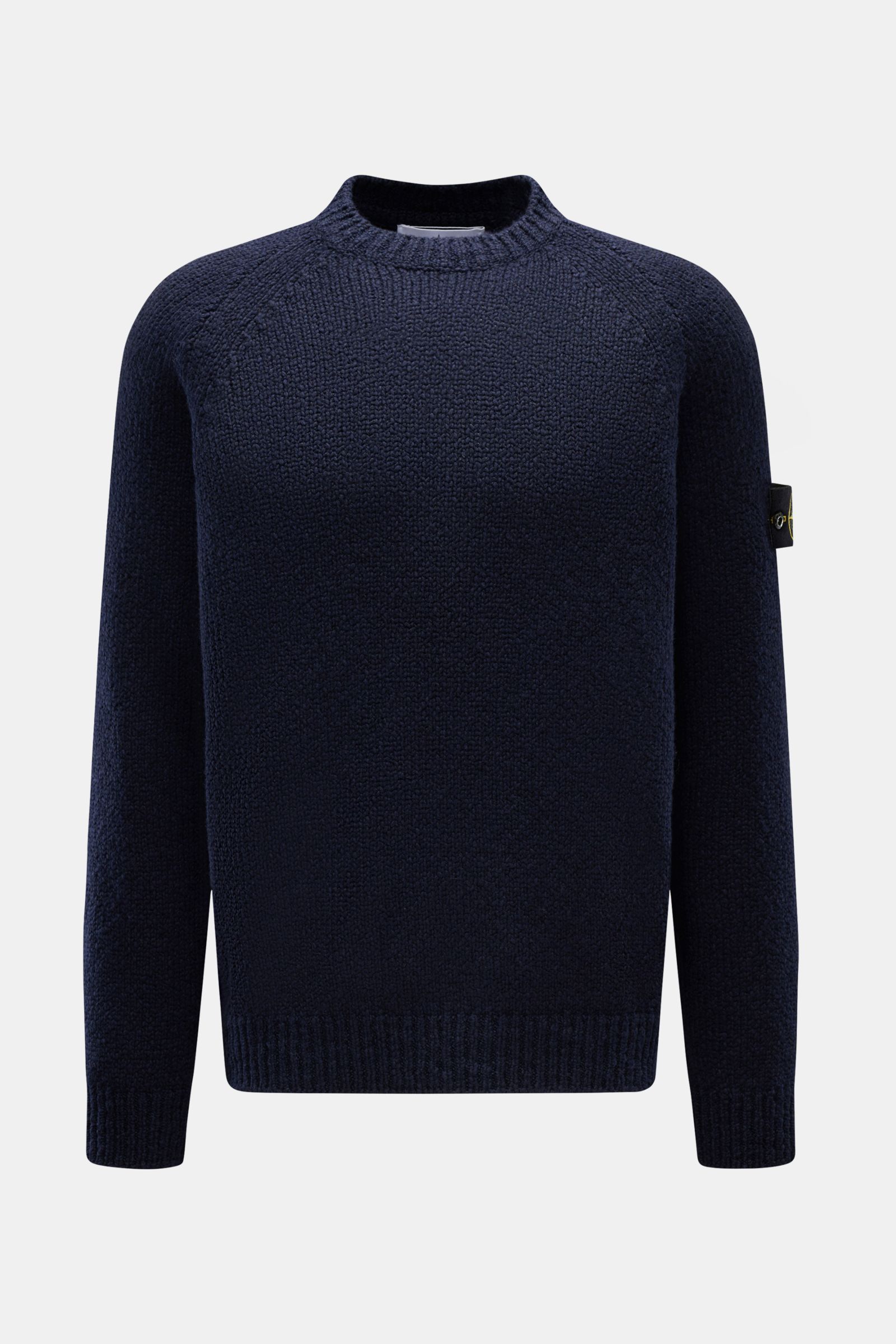 Stone Island Rundhalspullover 'Fancy Yarn' navy, Slim Fit, Raglanärmel, Wollmix, Kompass-Badge am Ärmel, frontale Aufnahme.