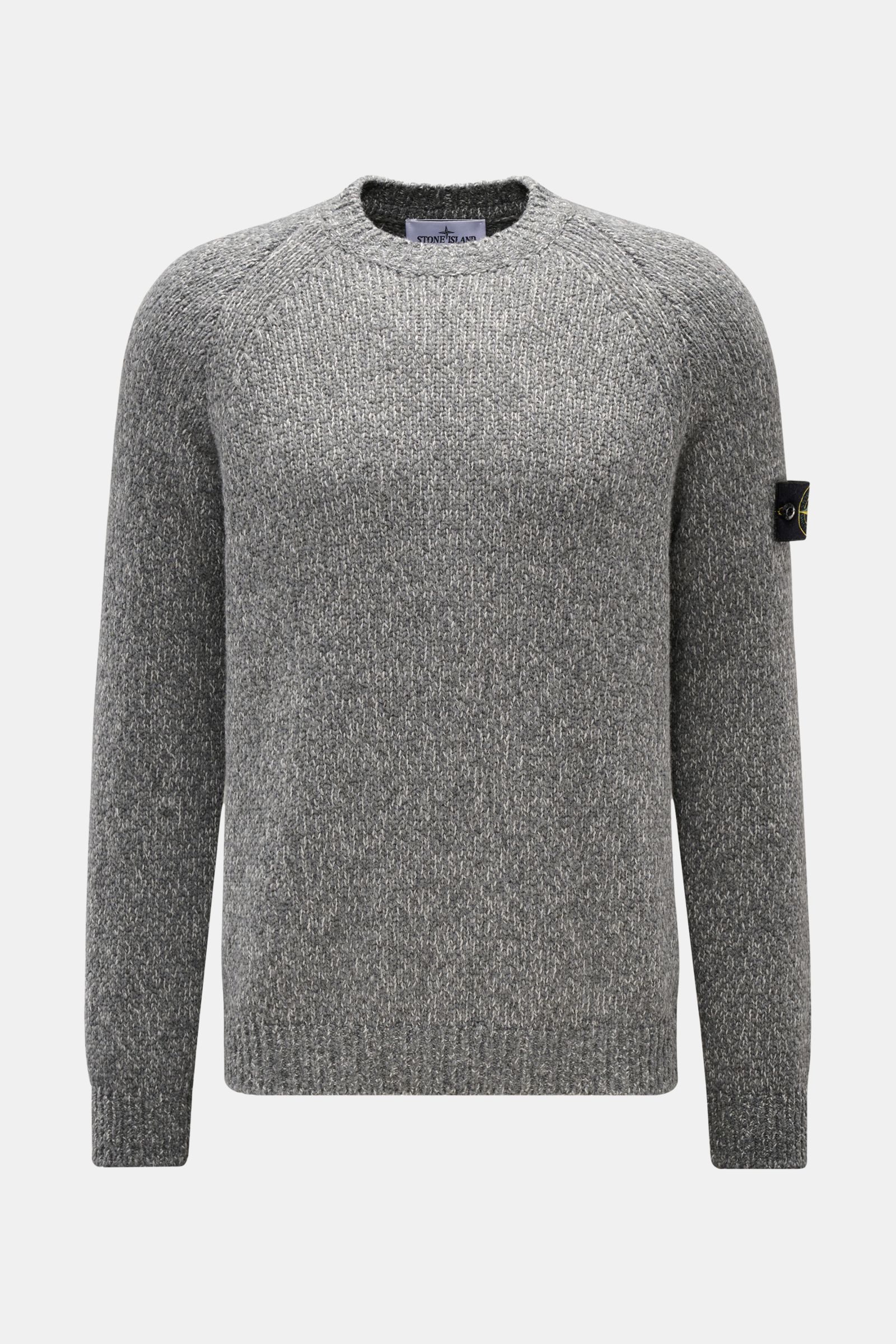 Stone Island Rundhalspullover 'Fancy Yarn' altrosa meliert, Slim Fit, aus Wollmix mit Raglanärmeln, Kompass-Badge am Ärmel, frontal fotografiert.