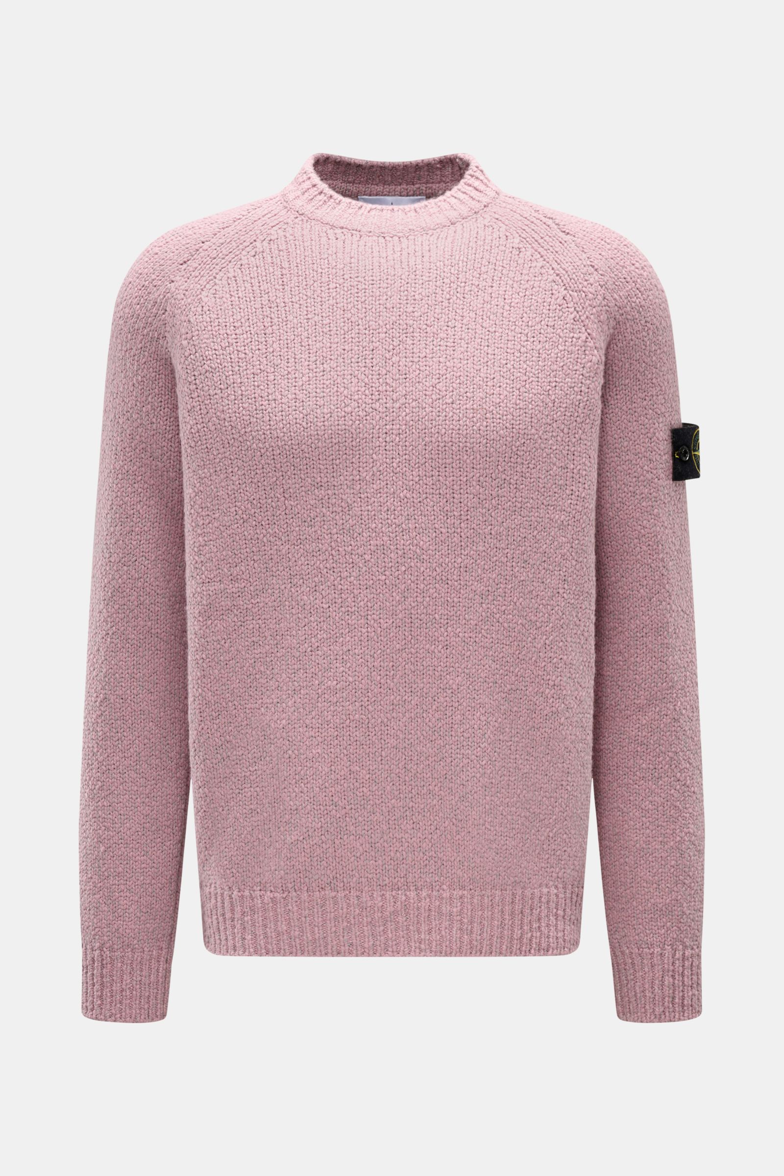 Stone Island Crew neck jumper 'Fancy Yarn' antique pink mottled shown front-facing, slim fit wool blend knitwear with raglan sleeves, crew neck, elasticated ribbed hem, and iconic compass badge on upper sleeve. 

A stylish essential for the coming seas