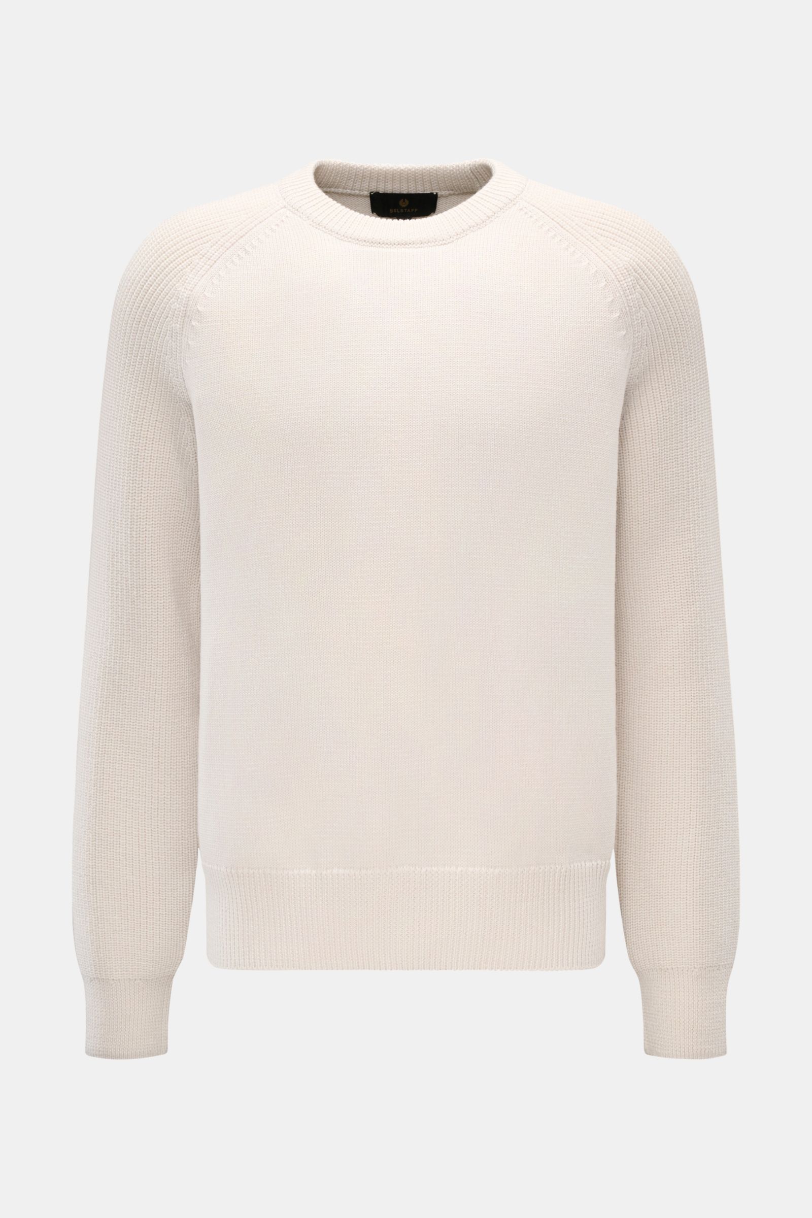 Front view of Belstaff Rundhalspullover 'Aspect' sand, a versatile classic sweater for fall and winter made of pure wool with soft touch, medium-fine knit, regular fit, crew neck, raglan sleeves, BELSTAFF label on upper arm, and comfortable ribbed cuffs.