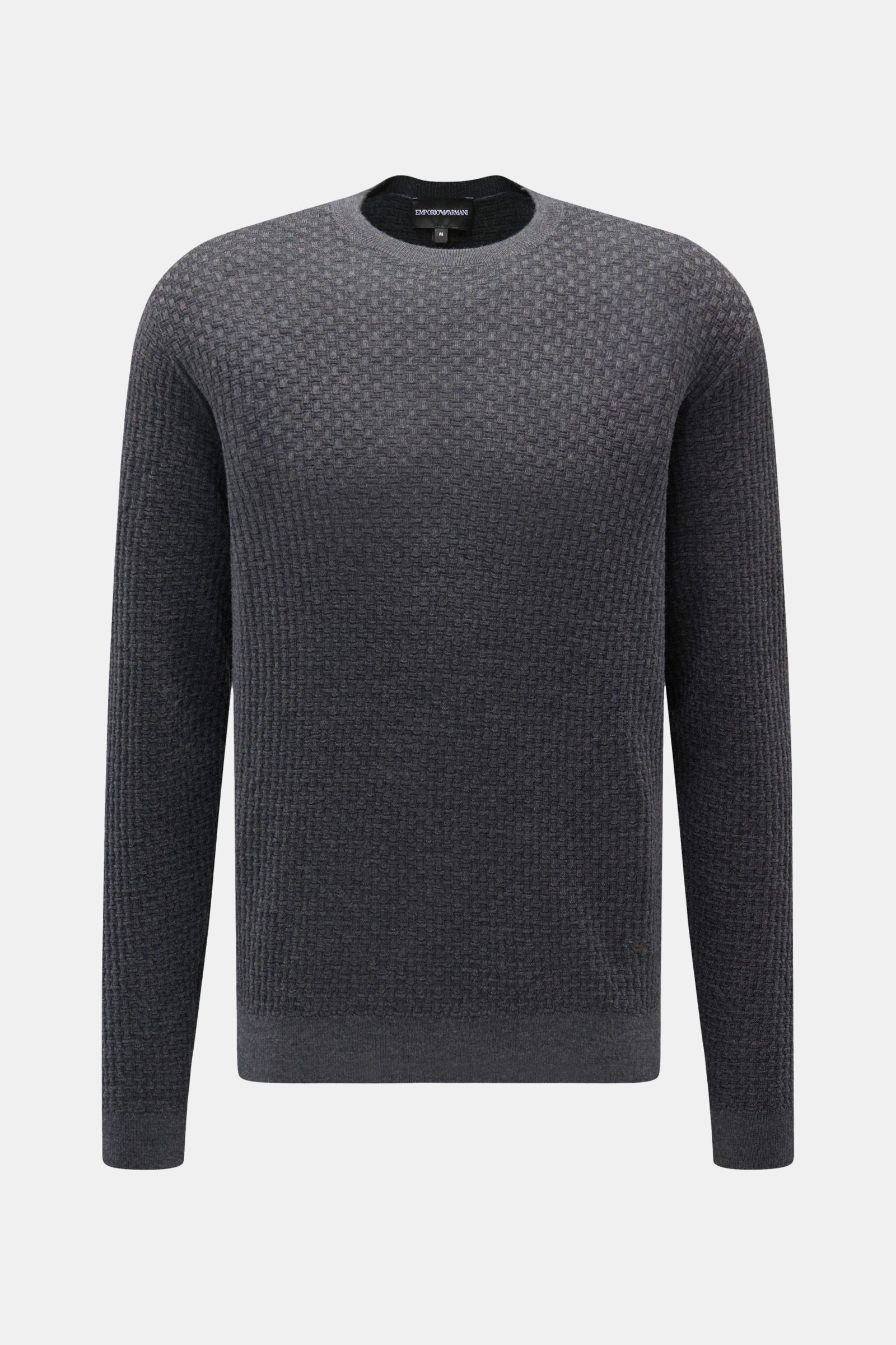 Emporio Armani Feinstrick-Rundhalspullover dunkelgrau, fein strukturiert, aus reiner Schurwolle, Regular Fit, Rundhals, tonales Logo, Rippbündchen, frontale Perspektive.