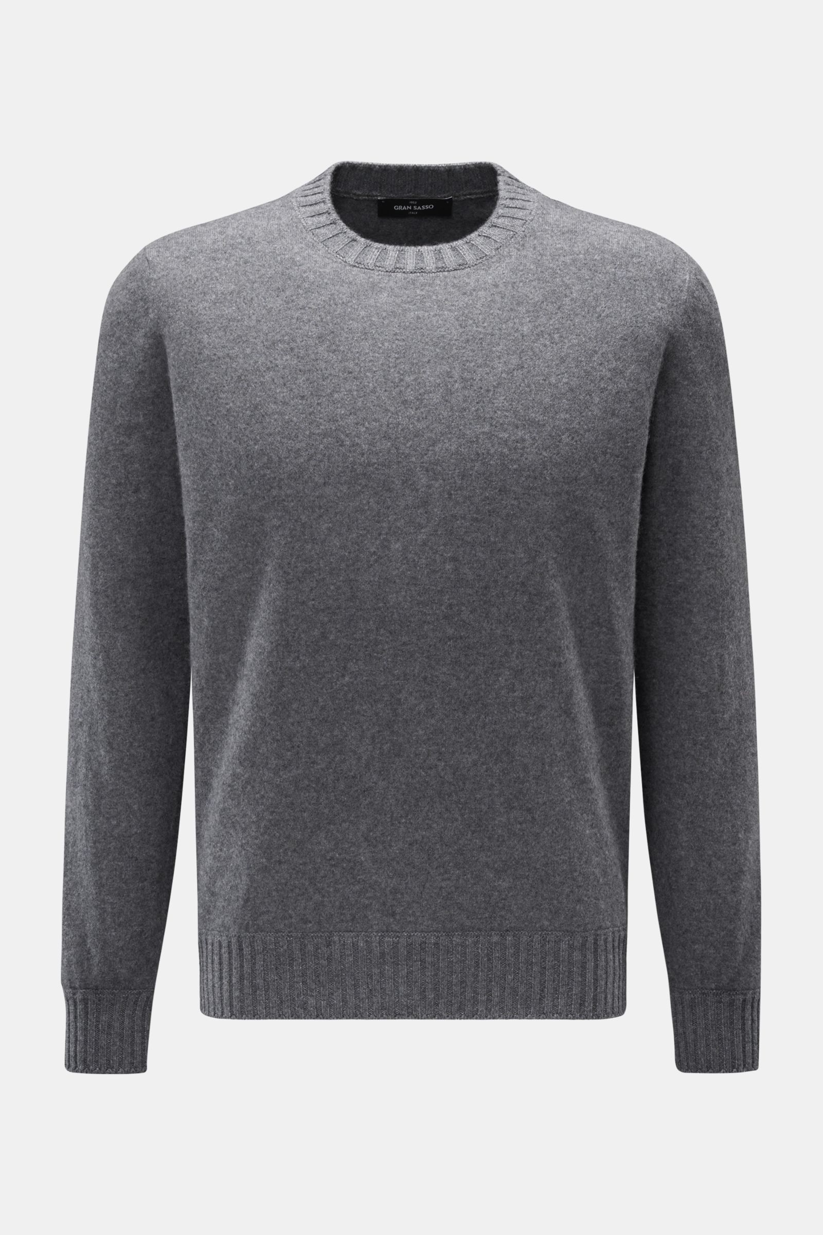 Front view of Gran Sasso Cashmere crew neck jumper dark grey mottled, pure cashmere, very soft feel, slightly fulled fabric, fine knit, regular fit, crew neck, comfortable ribbed bands.