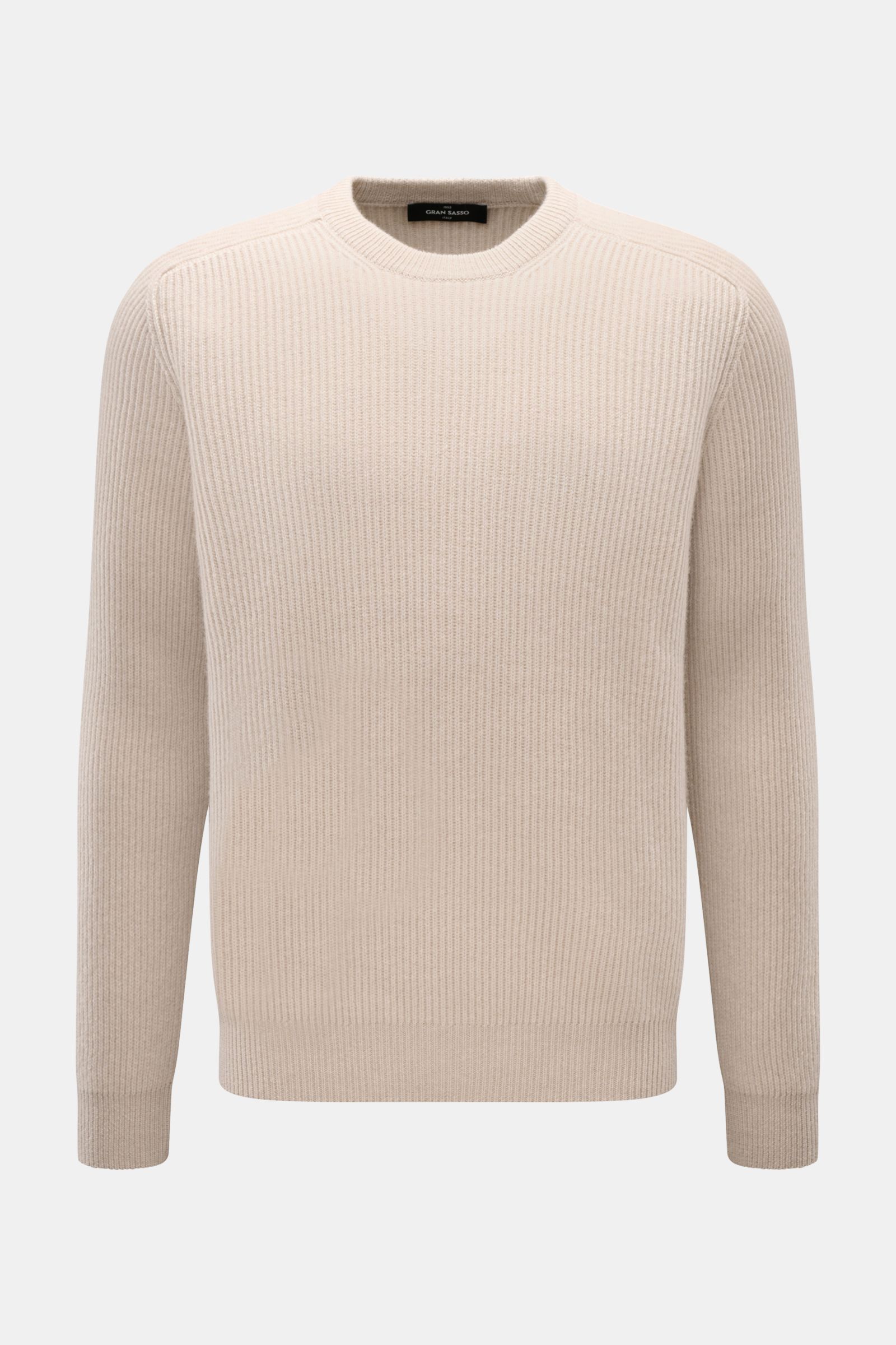 Front view of Gran Sasso Cashmere Rundhalspullover beige, ribbed knit in pure cashmere with slim fit and round neckline, soft texture.

Description: Rippenstrick aus reinem Cashmere wird zur vollen Bereicherung für Ihre Herbst-/Wintergarderobe mit dies