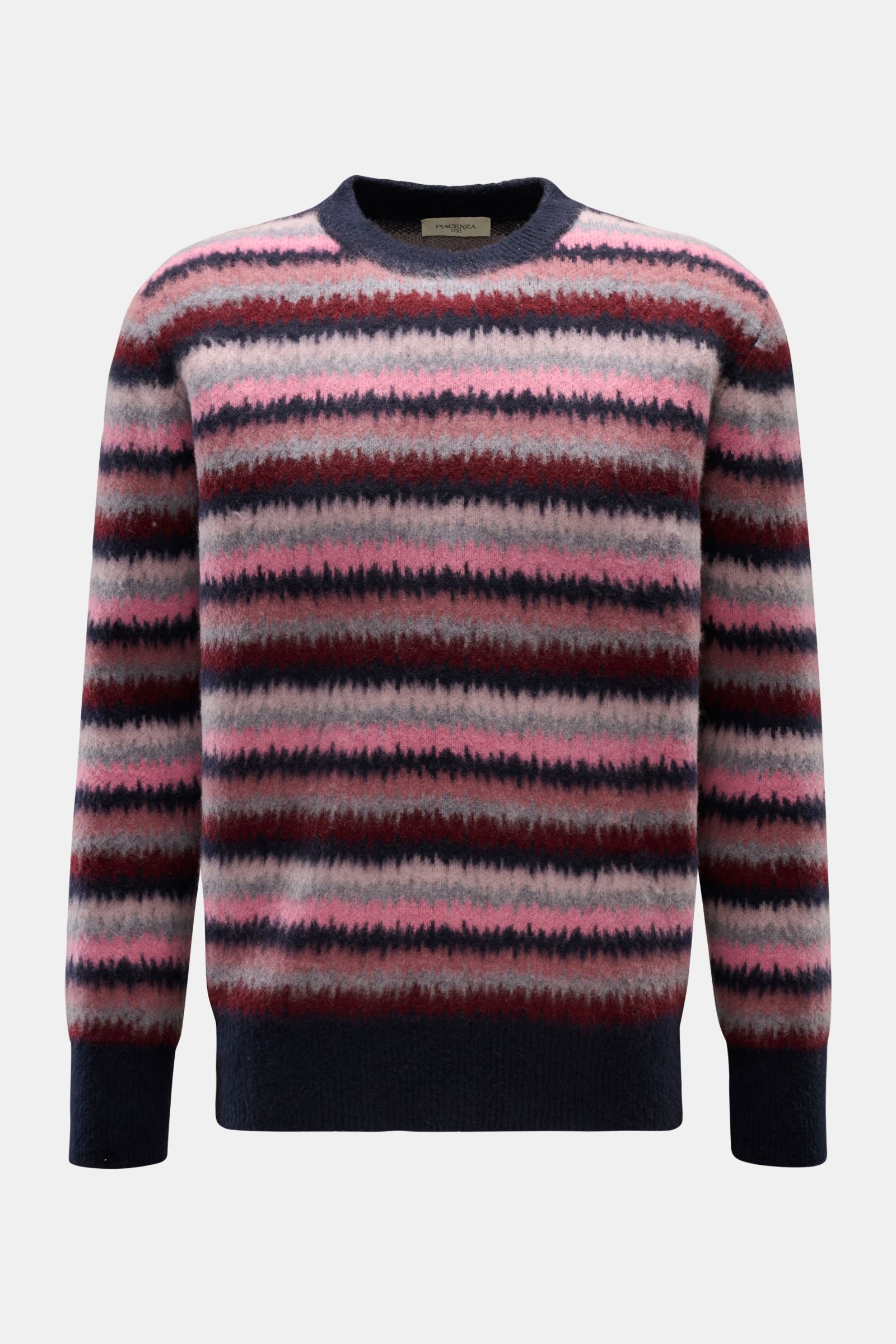 Piacenza 1733 Cashmere Rundhalspullover navy/rosé/grau gestreift, frontal fotografiert, reiner Cashmere, sehr weicher, voluminöser Griff, stilvolles Zickzack-Streifenmuster, mittelfeines Strickbild, Regular Fit, Rundhalsausschnitt, breite Rippbündchen.