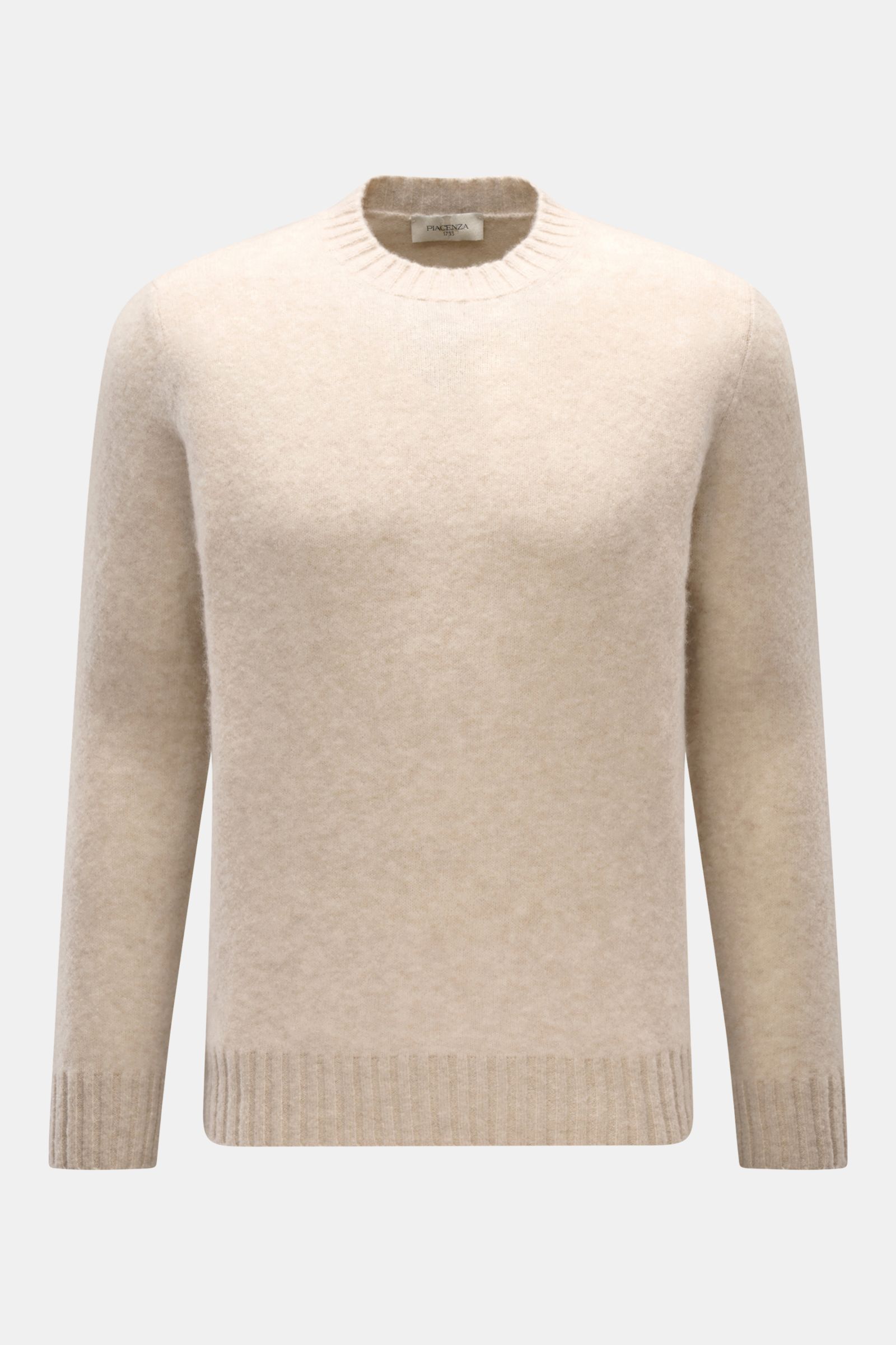 Piacenza 1733 Crew neck jumper sand shown from the front on a neutral background, soft crew neck jumper in cashmere, silk, and microfibre blend with fine knit, slim fit, ribbed bands, very soft feel, timeless and comfortable.