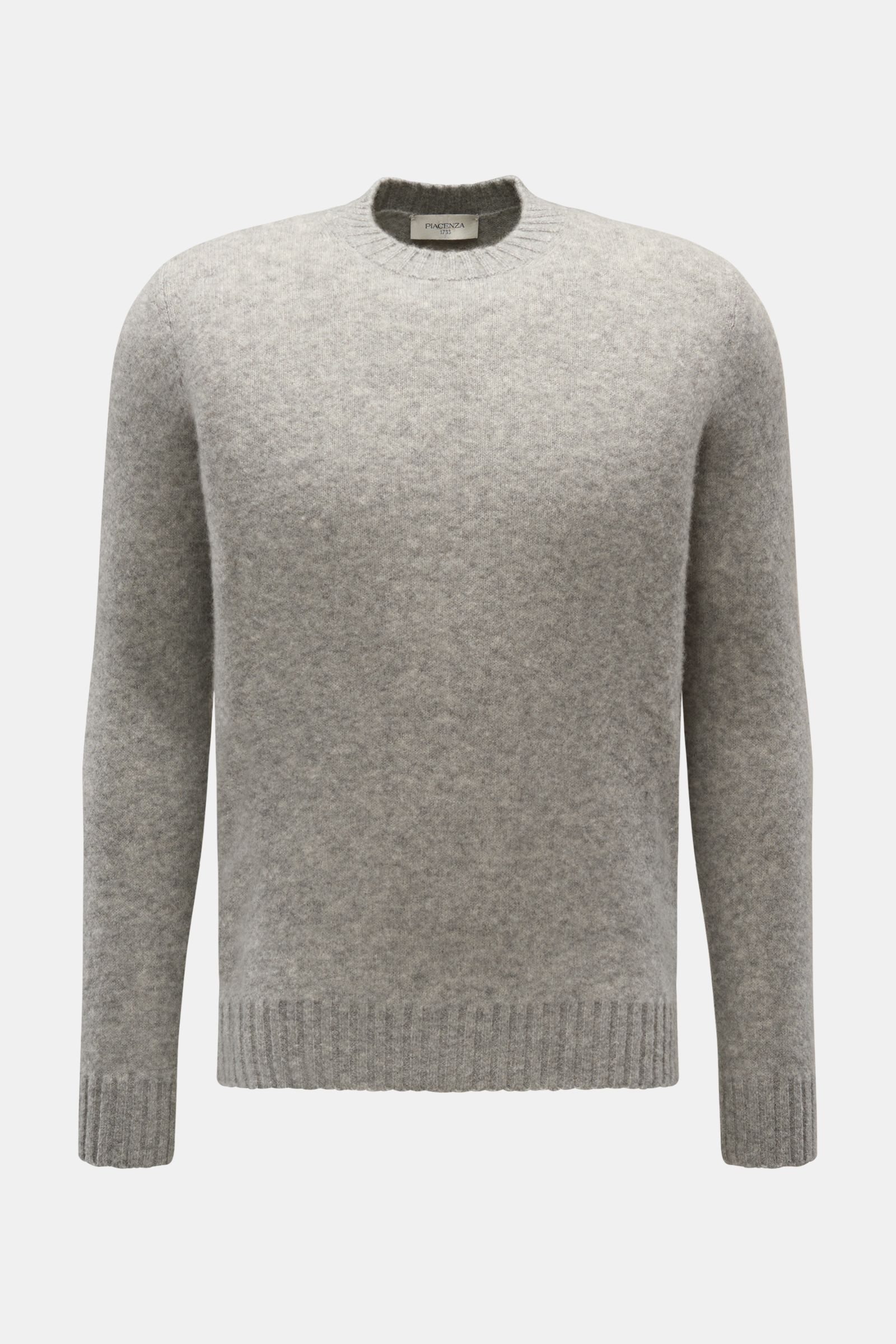 Piacenza 1733 Rundhalspullover grau meliert, Slim Fit, weicher Cashmere-Mix, mittelfeines Strickbild, Rundhalsausschnitt, Rippbündchen, Frontansicht.