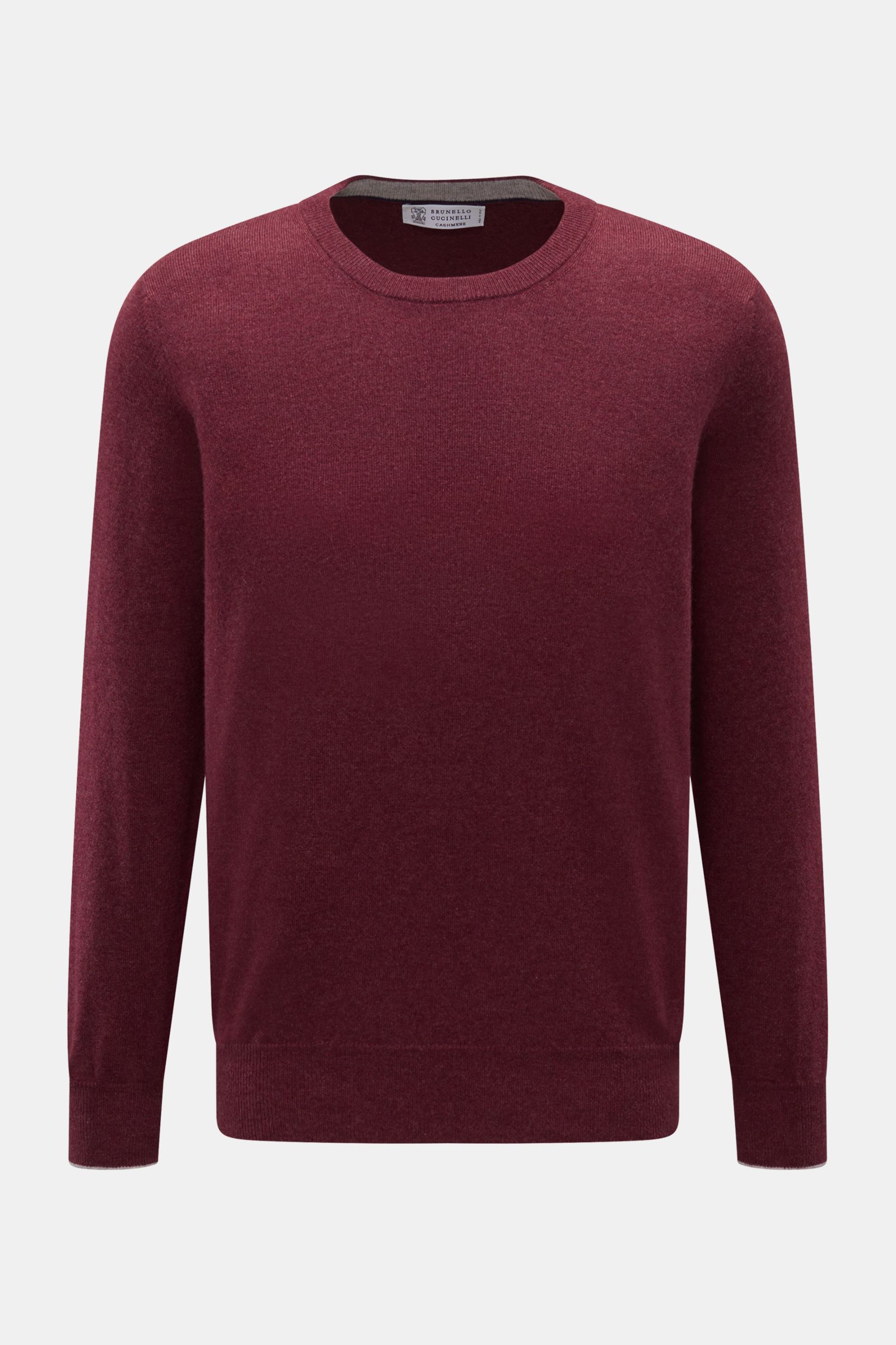 Brunello Cucinelli Cashmere Rundhalspullover bordeaux meliert, von vorne fotografiert, Regular Fit, feines Strickbild, weiche Haptik, Kontrastkanten.