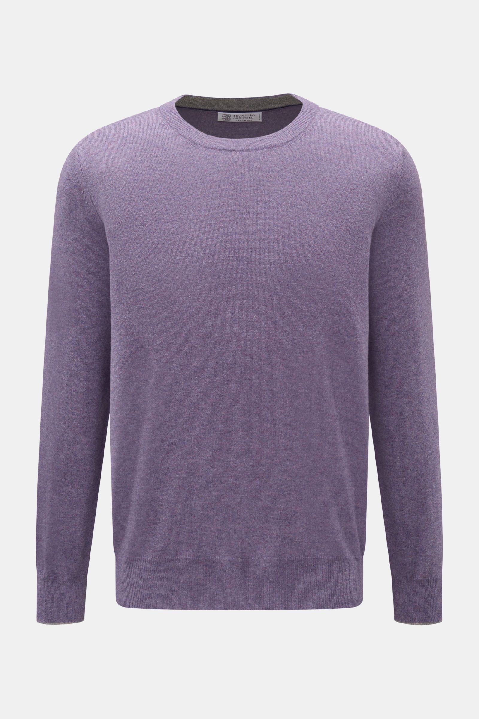 Front view of a Brunello Cucinelli Cashmere crew neck jumper purple mottled, featuring fine knit, narrow contrasting borders, and ribbed bands.

Description: This luxurious cashmere jumper with crew neck by BRUNELLO CUCINELLI is a versatile essential t