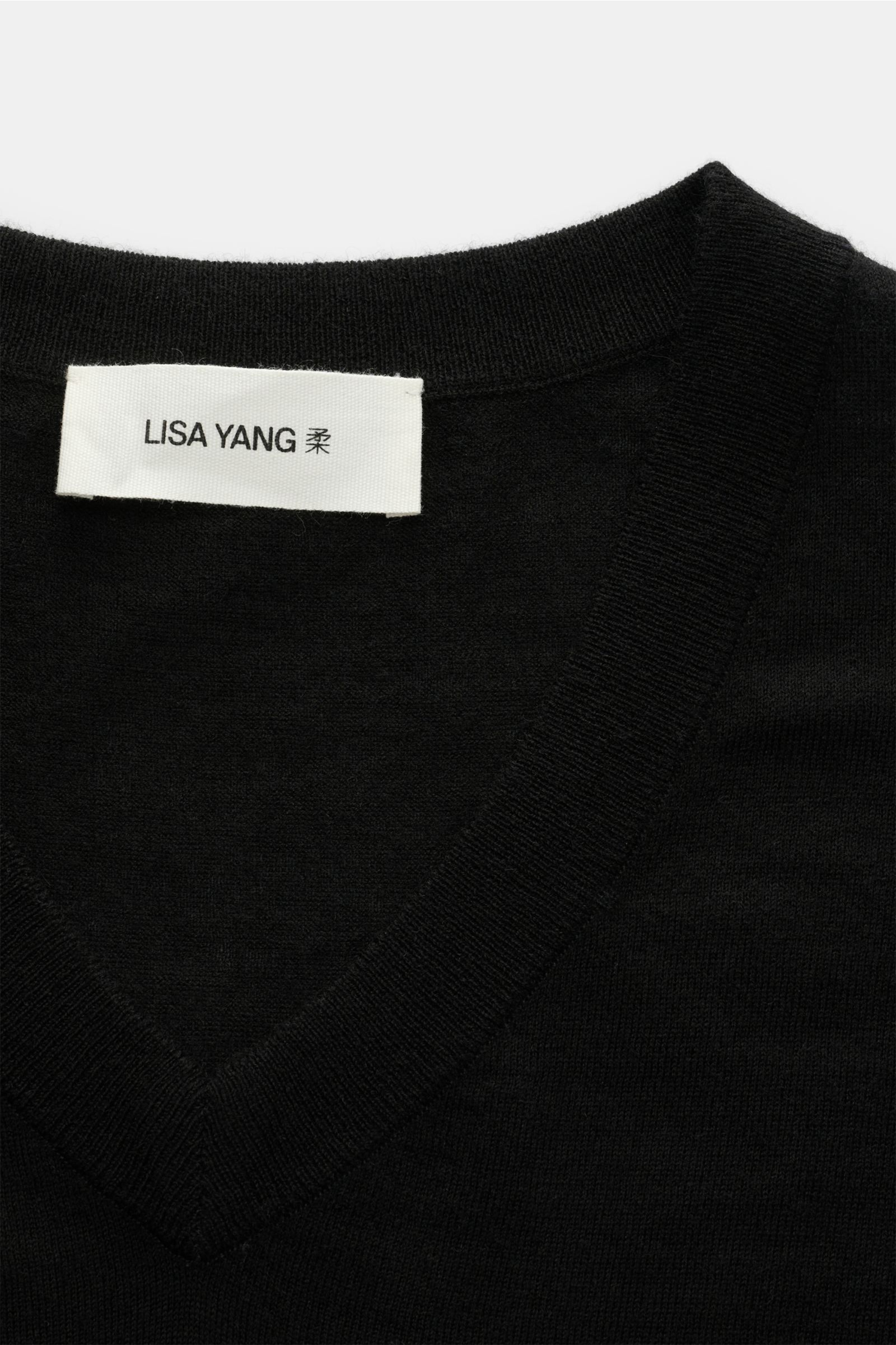 Close-up front view of the Lisa Yang Cashmere V-Neck Kurzarm-Pullover 'Joakim' schwarz showing fine knit texture and V-neck collar.

Description: Das feine Strickbild und der klassische Regular Fit des Cashmere Kurzarm-Pullovers 'Joakim' von LISA YANG 