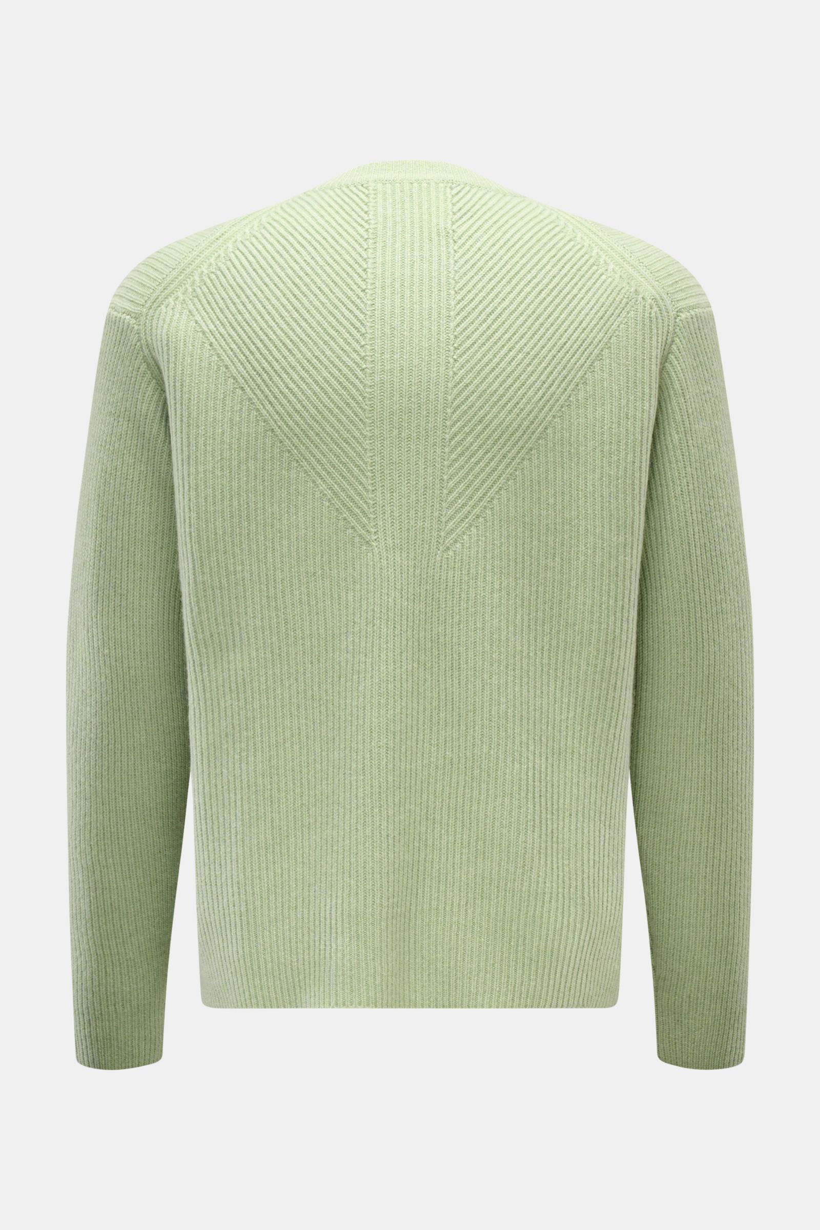 Back view of Lisa Yang Cashmere crew neck jumper 'William' light green with tonal rib knit pattern and dropped shoulders.

Description: 
The 'William' jumper by LISA YANG is a casual companion made from pure cashmere with a distinctive feel. The loose-