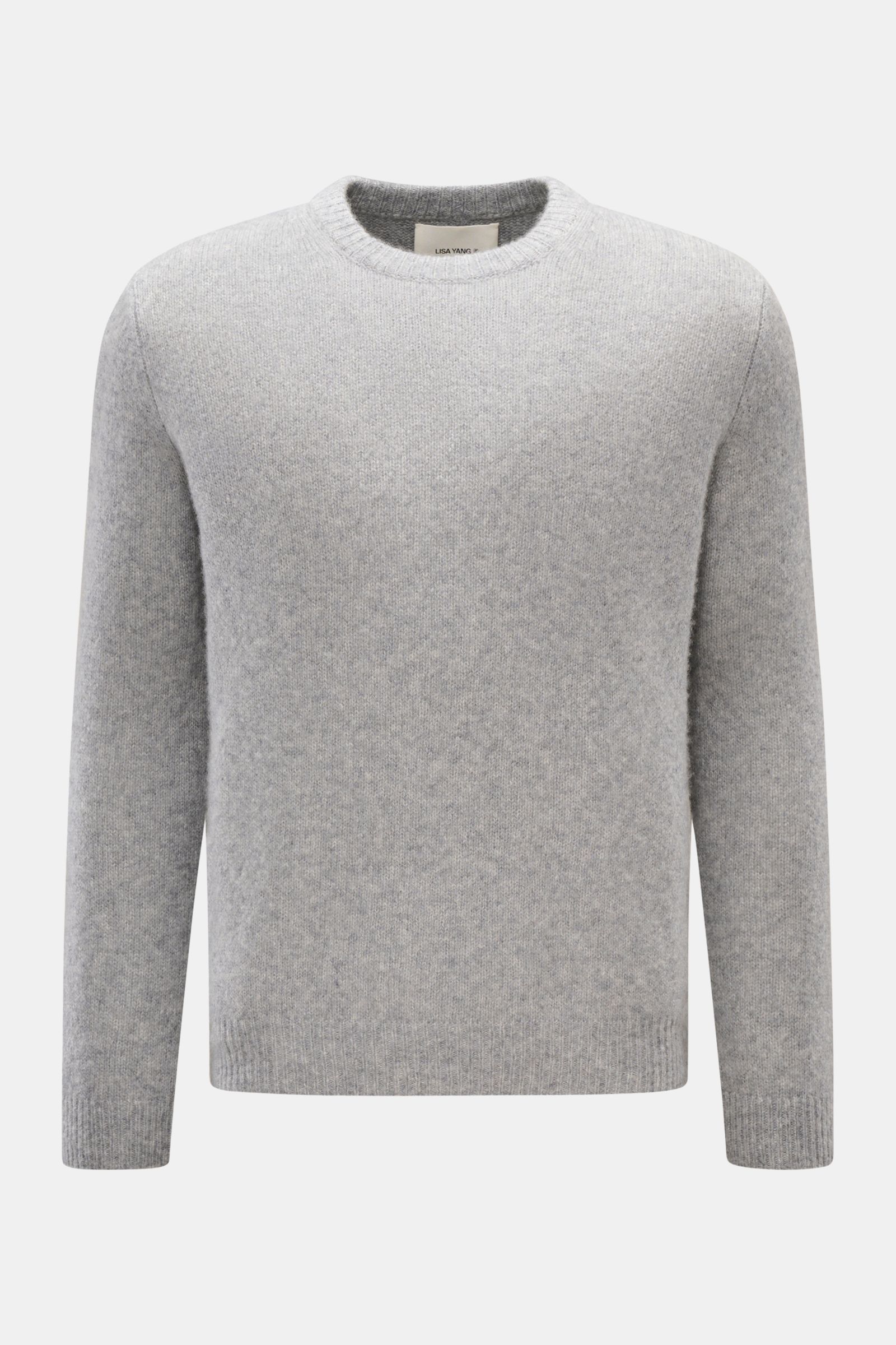 Lisa Yang Rundhalspullover 'Baxter' grau meliert, frontal fotografiert, Slim Fit mit Rundhalsausschnitt, feinem Strickbild, Cashmere-Seide-Mix, sehr weich.