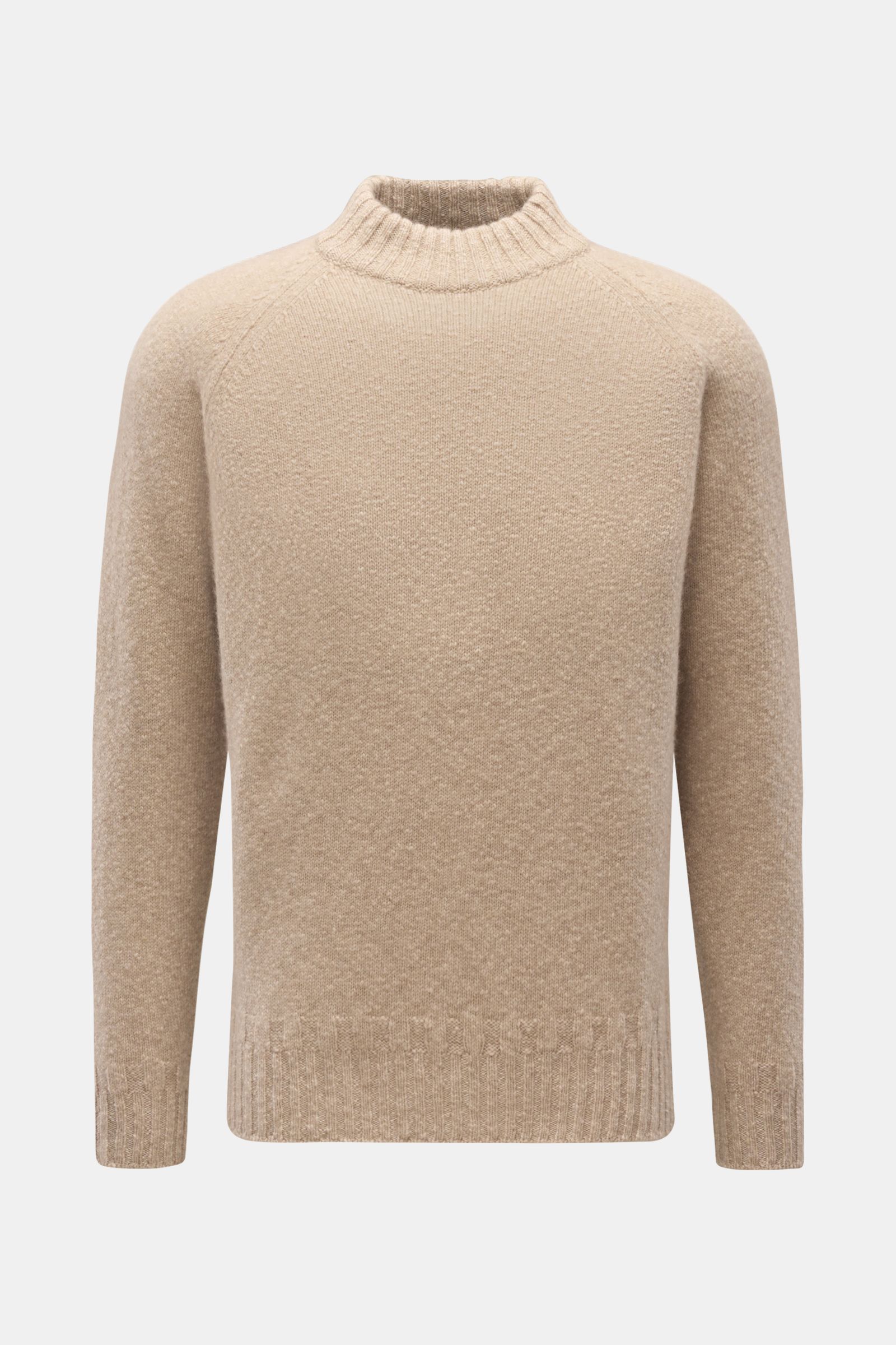 Front view of Fioroni Cashmere Rundhalspullover beige meliert, made of reiner Cashmere with weicher Griff, mittelfeines Strickbild, leichter Bouclé-Effekt, Slim Fit, anliegender Rundhalsausschnitt, Raglan-Ärmel, and flexible Rippbündchen.