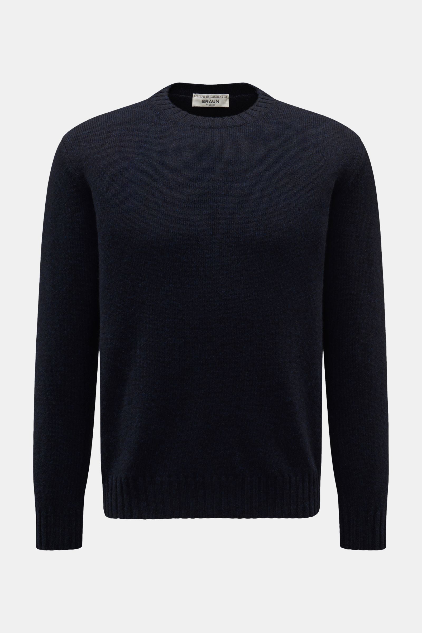 Filippo de Laurentiis Cashmere Rundhalspullover navy, frontal fotografiert, aus 100% reinem, weichem Cashmere mit feinem Strickbild, Regular Fit, Rundhalsausschnitt und komfortablen Rippbündchen.