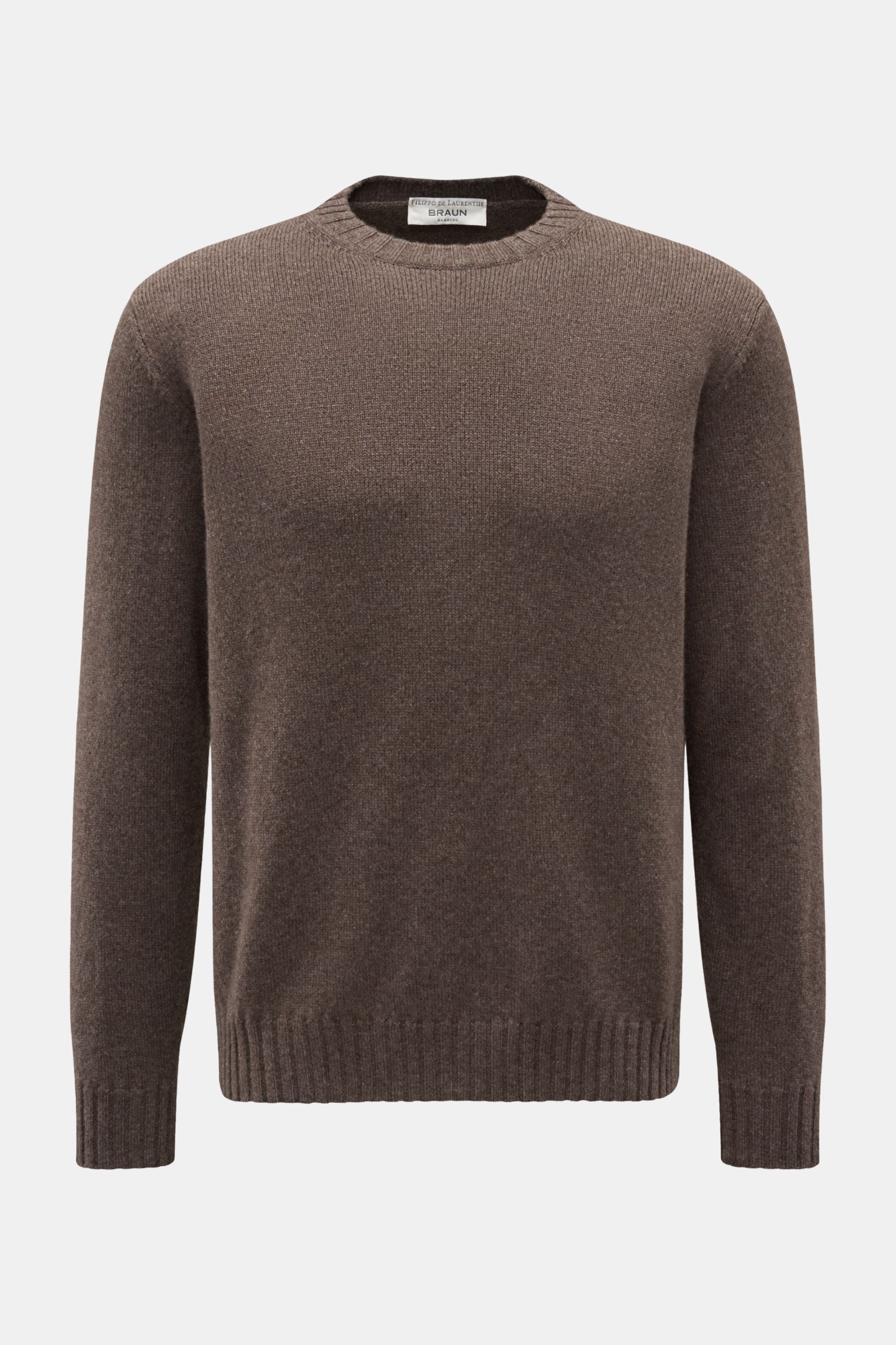 Filippo de Laurentiis Cashmere Rundhalspullover graubraun meliert, frontale Ansicht, Regular Fit, weicher Griff, 100% reiner Cashmere, feines Strickbild, Rippbündchen.