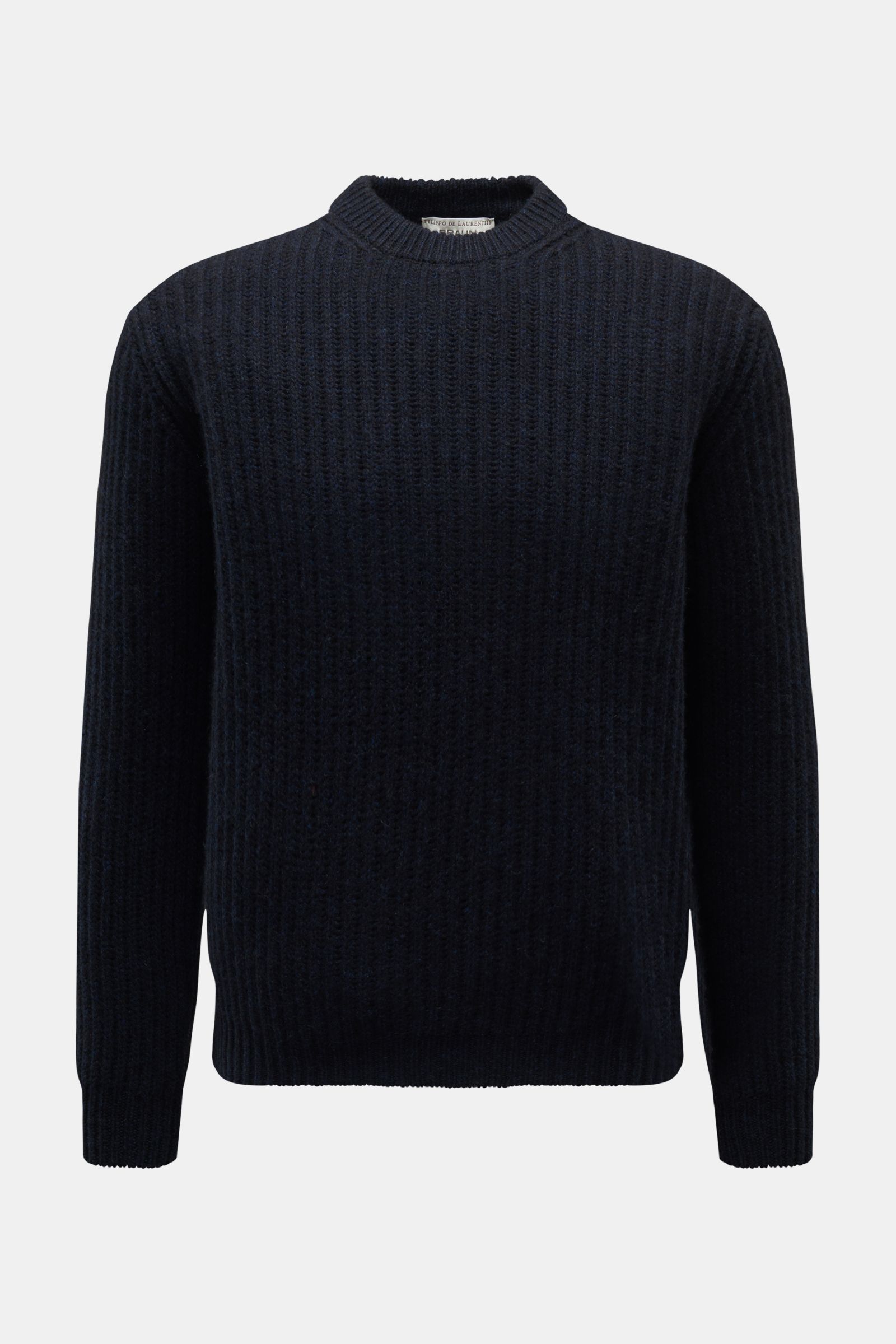 Filippo de Laurentiis Cashmere Rundhalspullover navy, frontale Ansicht, Slim Fit, reiner Cashmere, sehr weicher Griff, voluminöses Patent-Strickmuster, Rundhalsausschnitt, komfortable Rippbündchen.
