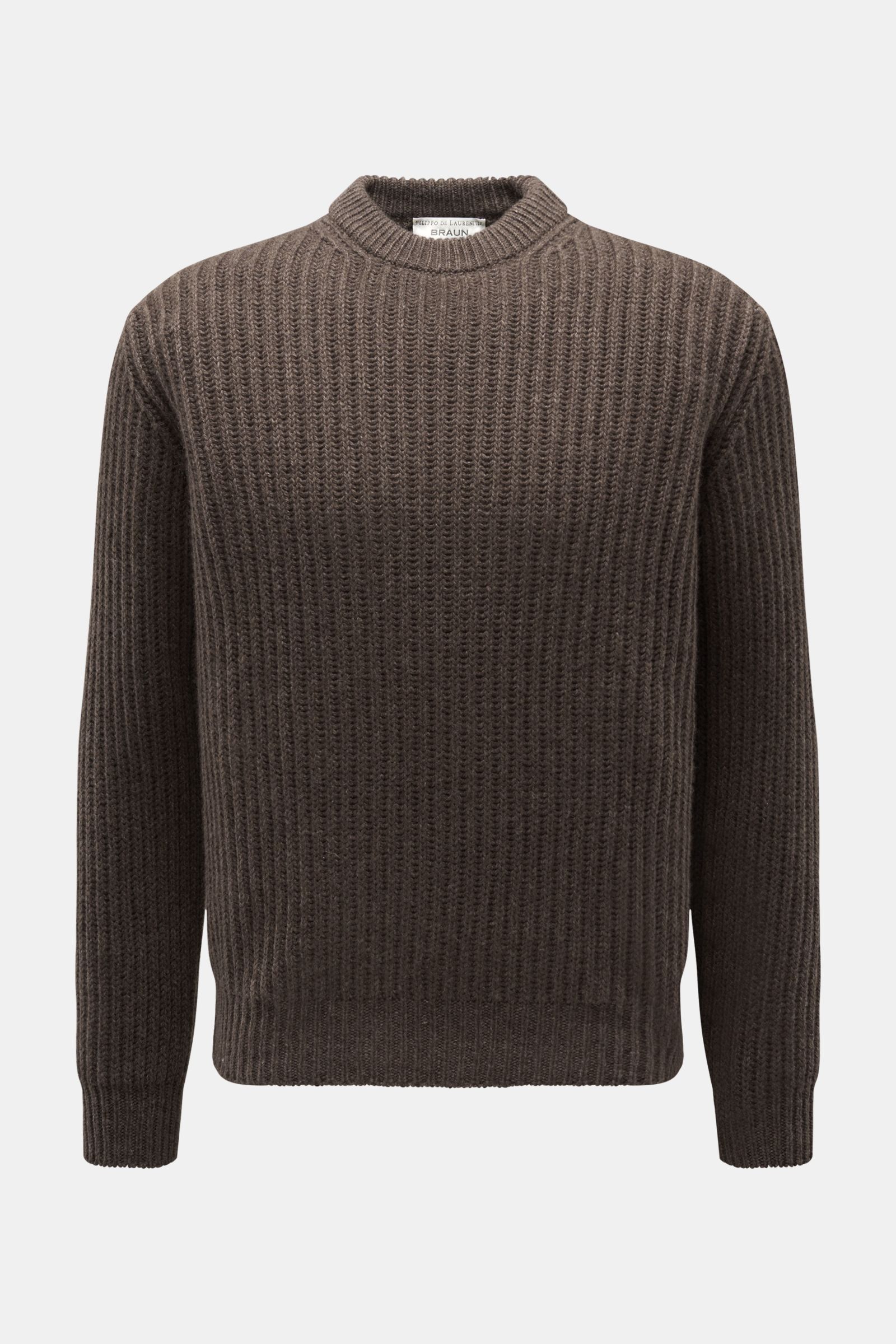 Filippo de Laurentiis Cashmere Rundhalspullover graubraun, Frontansicht, Slim Fit, reiner Cashmere, weicher Griff, voluminöses Patent-Strickmuster, Rippbündchen.