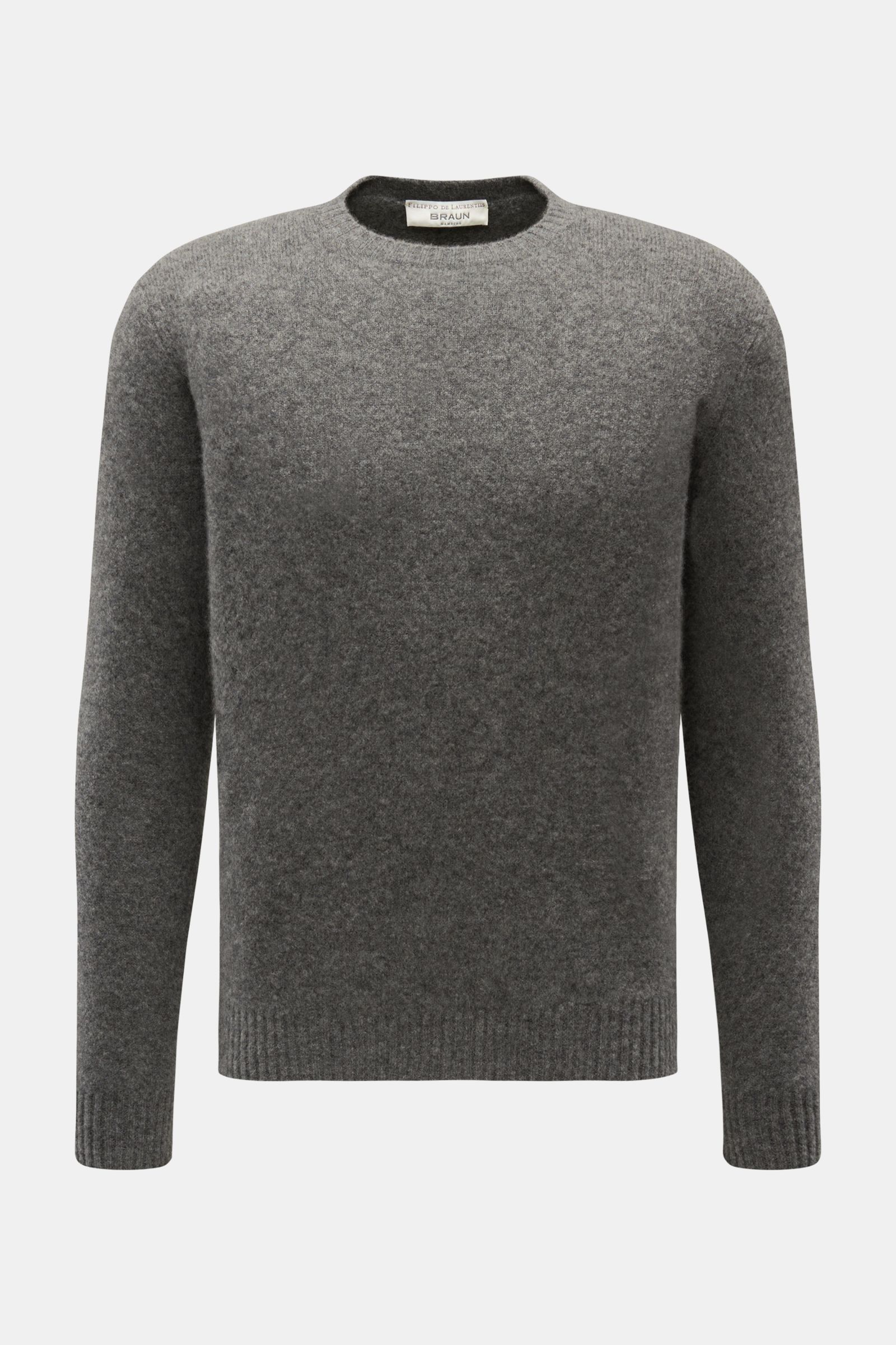 Filippo de Laurentiis Rundhalspullover dunkelgrau meliert, frontale Aufnahme, Slim Fit, mittelfeines Strickbild, Mix aus Cashmere, Seide, Microfaser, weicher Griff, Rundhalsausschnitt, flexible Rippbündchen.