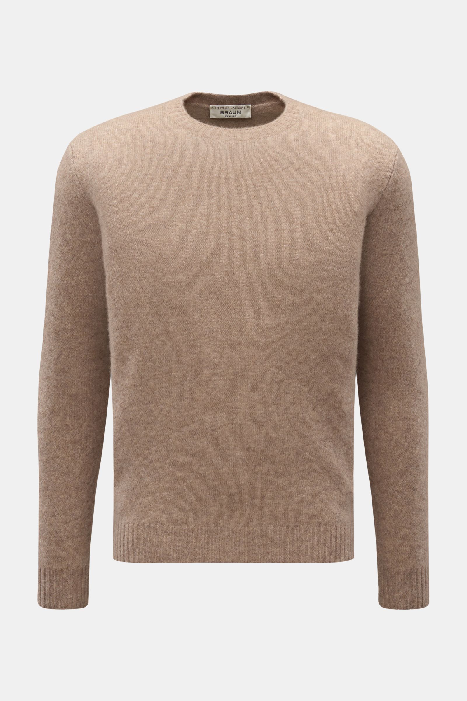 Front view of Filippo de Laurentiis Rundhalspullover beige meliert, a slim fit sweater with a round neckline, made from a mix of cashmere, silk, and high-quality microfiber; very soft, voluminous feel, medium-fine knit, and flexible ribbed cuffs.