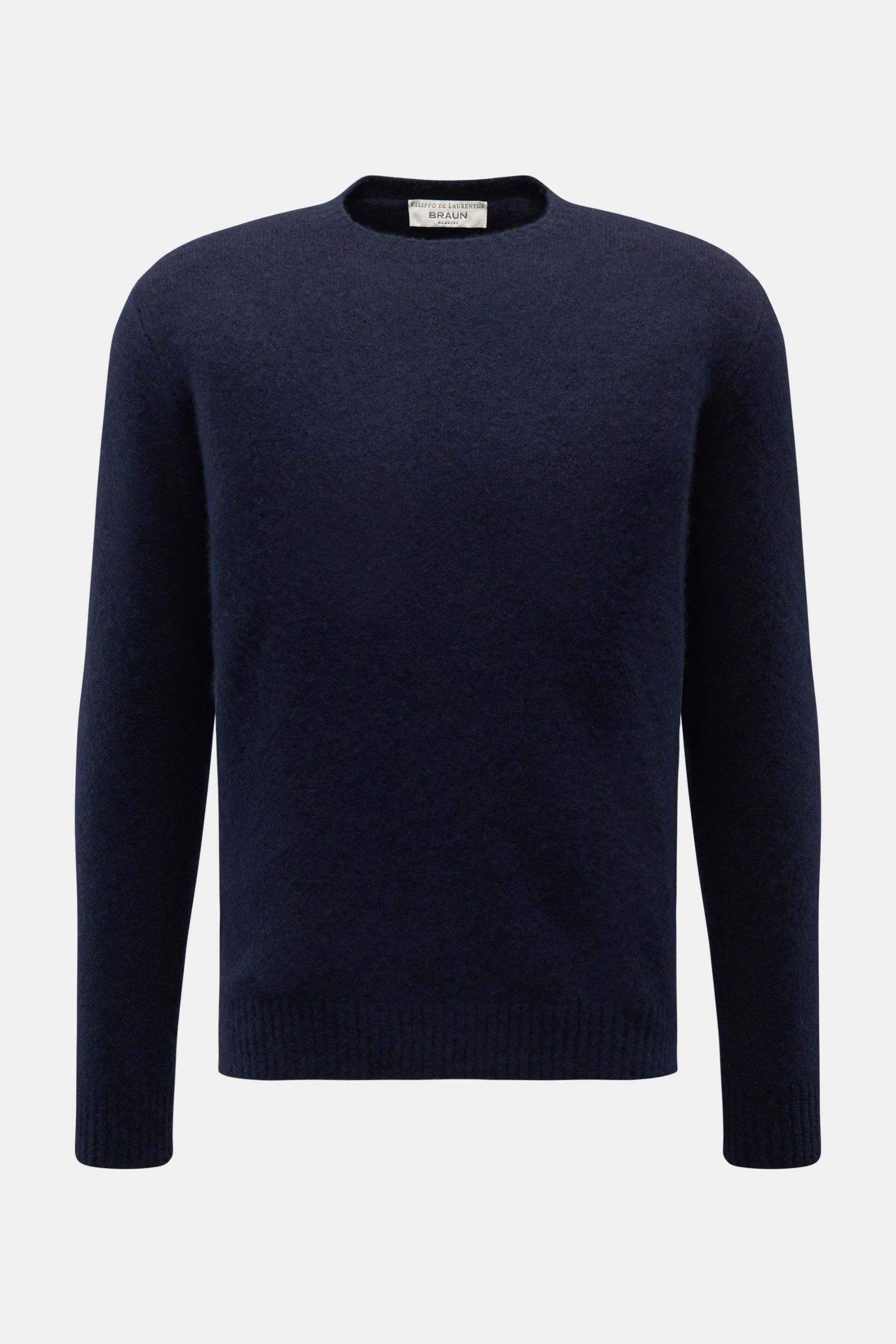 Front view of Filippo de Laurentiis Rundhalspullover navy, a slim fit sweater with a round neckline, flexible rib cuffs, made of a mix of cashmere, silk, and high-quality microfiber, featuring a very soft, voluminous feel and a medium-fine knit pattern.