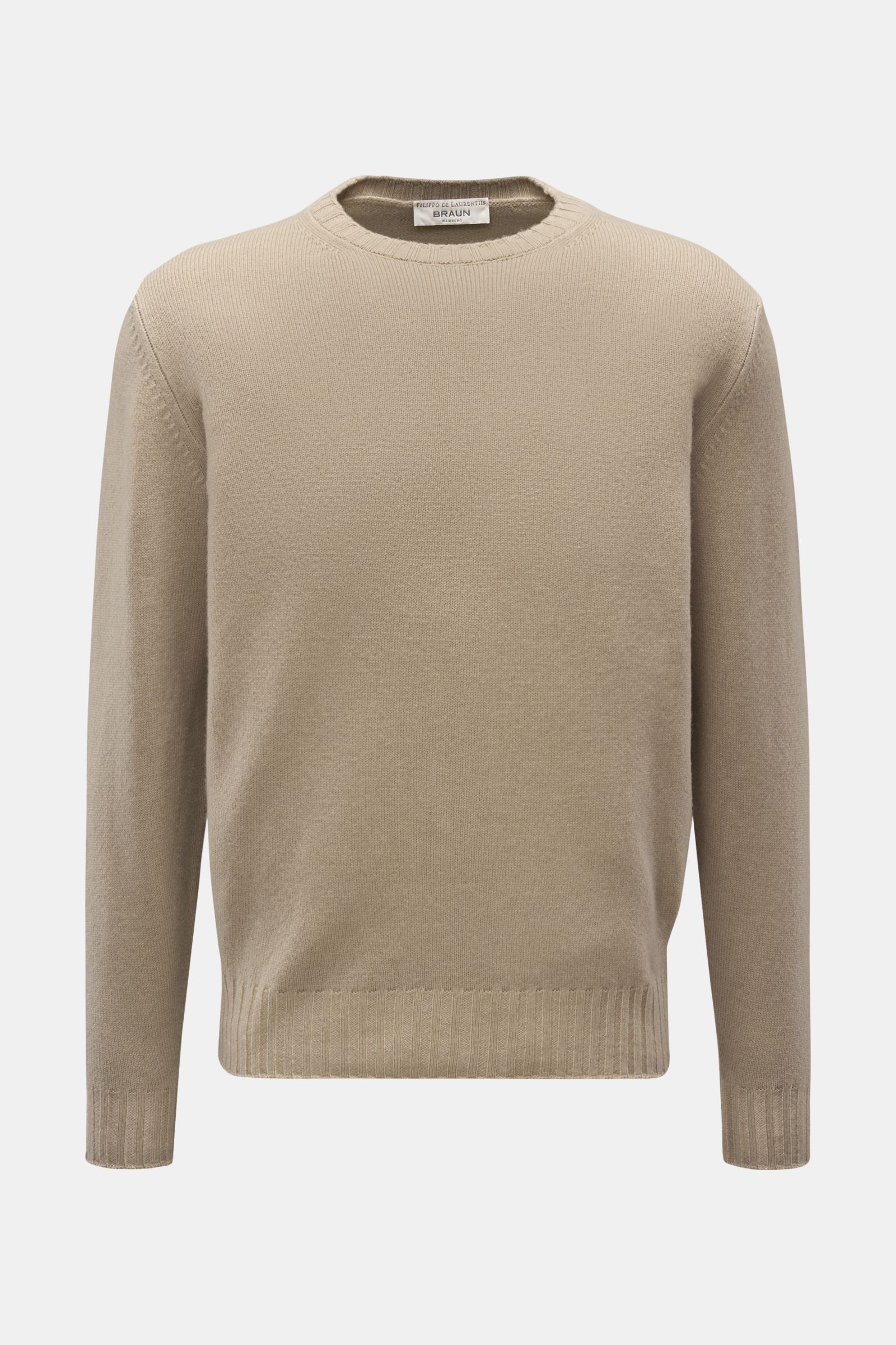 Filippo de Laurentiis Merino Rundhalspullover sand in Frontansicht, garment dyed, Regular Fit, Rundhalsausschnitt, weicher Merino-Cashmere-Strick.