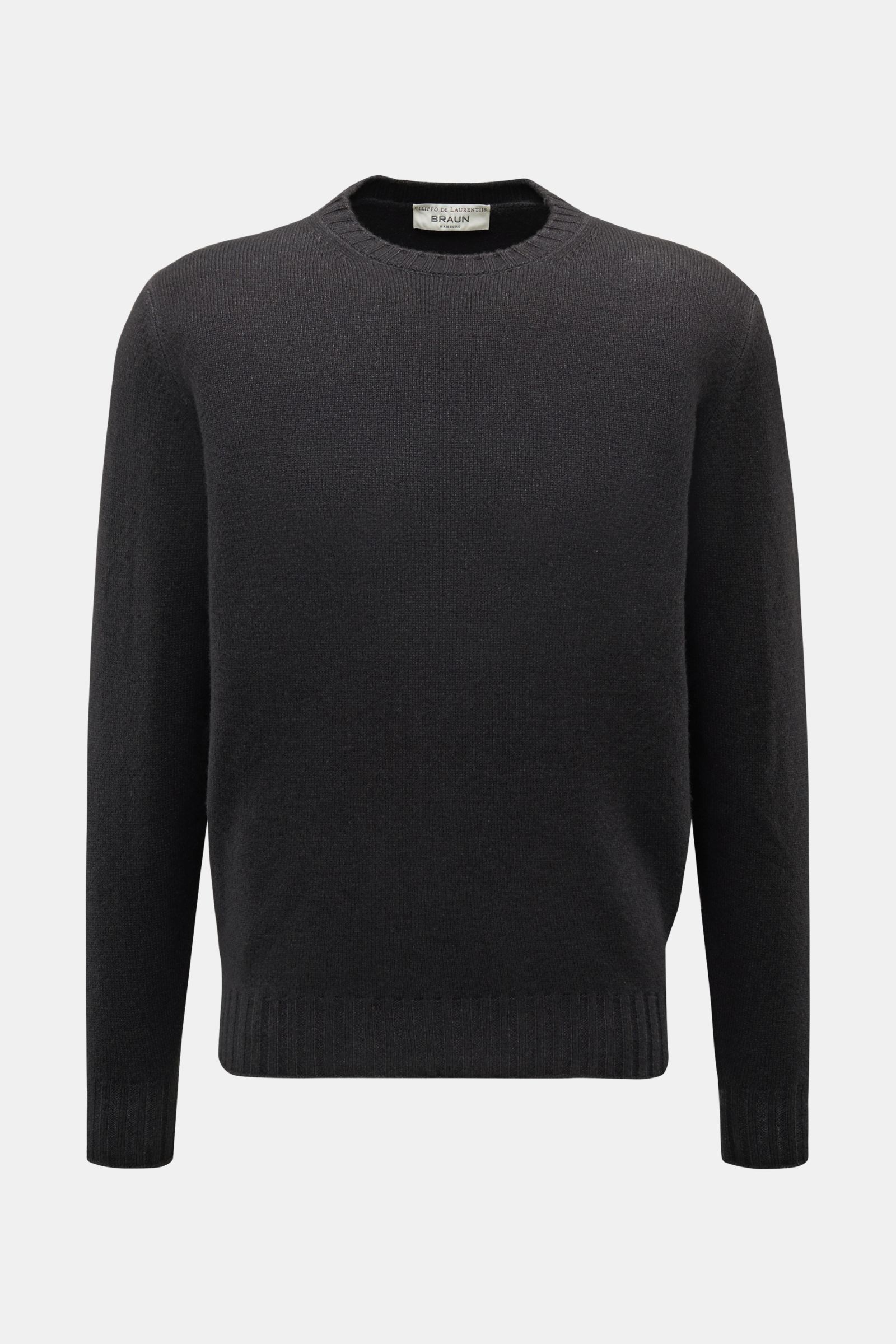 Filippo de Laurentiis Merino Rundhalspullover anthrazit meliert, vorne in Frontansicht, aus Merinowolle und Cashmere, garment dyed, Regular Fit, weicher Griff.