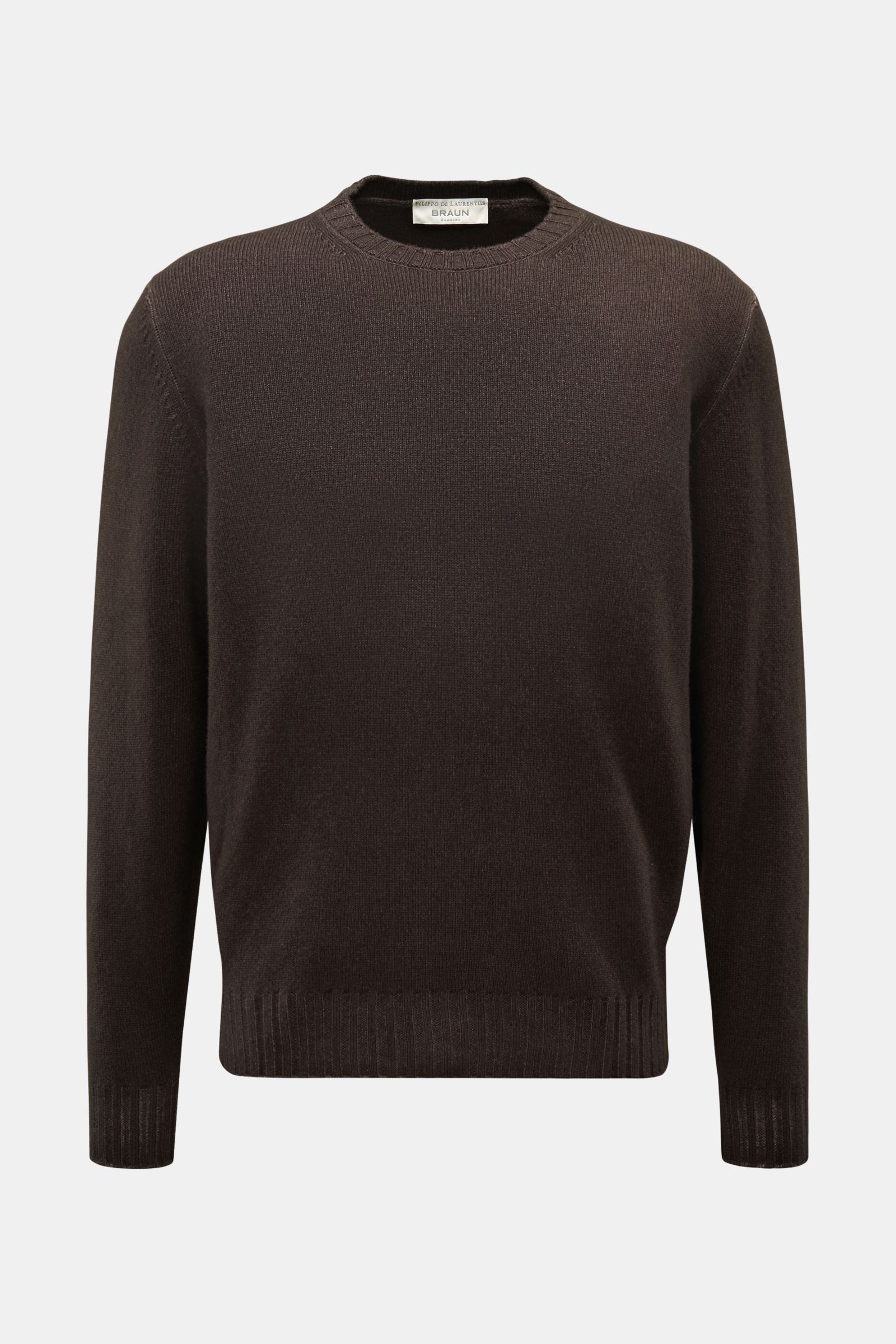 Filippo de Laurentiis Merino Rundhalspullover dunkelbraun meliert, frontale Ansicht, garment dyed, weicher Griff, feines Strickbild, Rundhalsausschnitt, Regular Fit, flexible Rippbündchen.