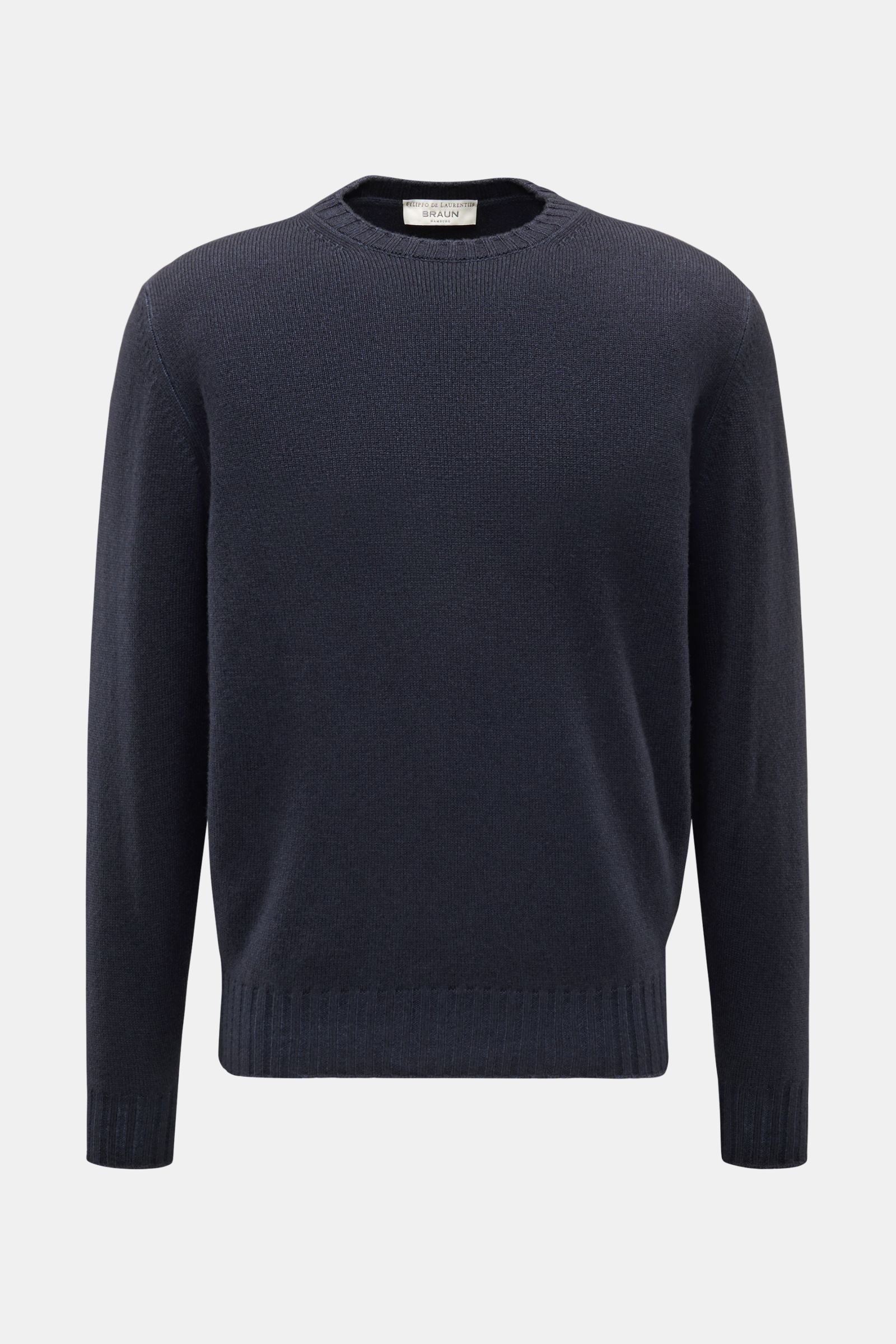 Filippo de Laurentiis Merino Rundhalspullover navy meliert, frontale Nahaufnahme, superfeine Merinowolle, Cashmere, garment dyed, Regular Fit, weicher Griff, Rundhalsausschnitt, flexible Rippbündchen, feines Strickbild.