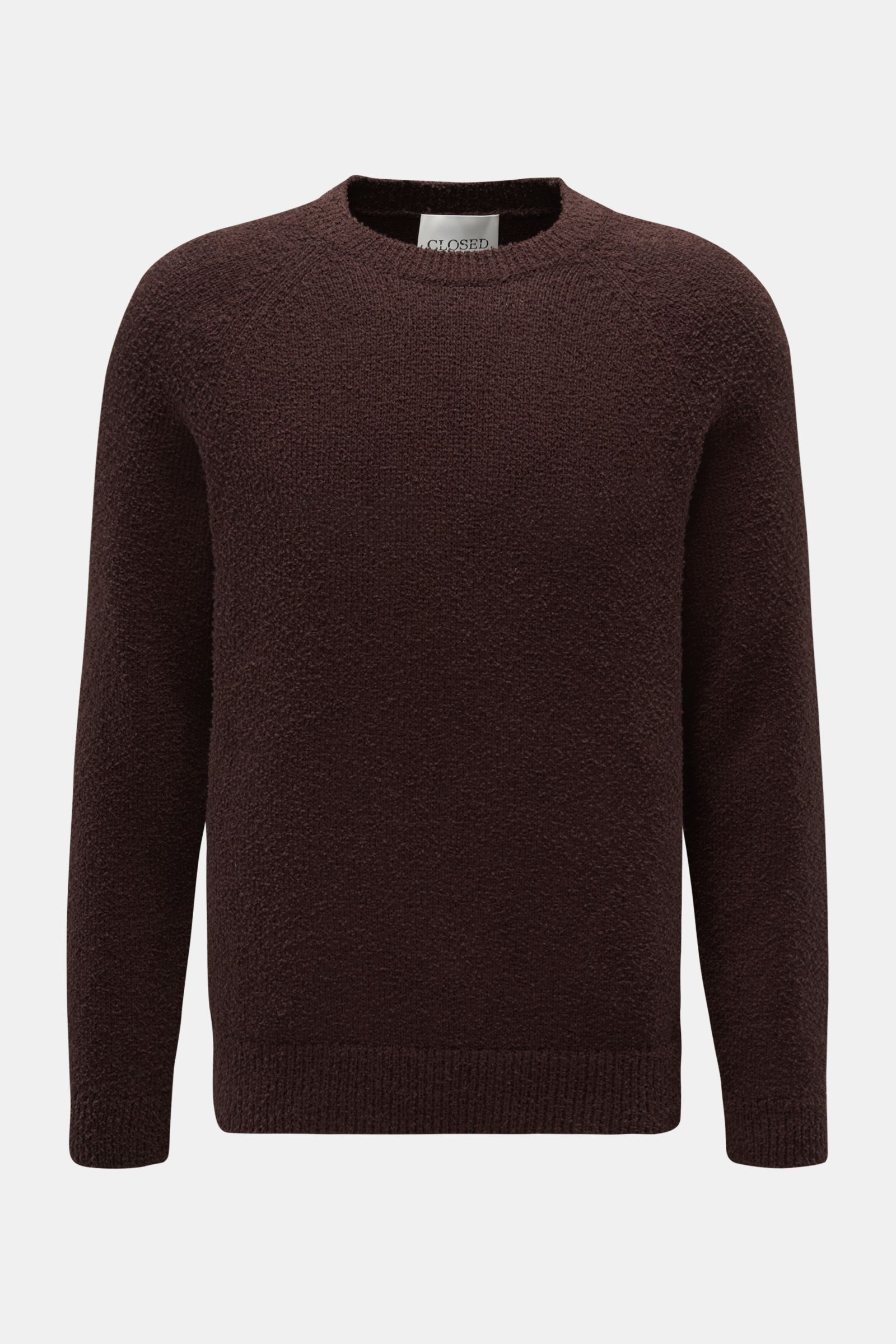 Front view of Closed Rundhalspullover navy, a relaxed cotton-wool blend boucle knit sweater with round neckline, raglan sleeves, regular fit, and soft ribbed cuffs.

Description: Dieser relaxte Pullover aus Baumwoll-Mix mit Wolle in Bouclé-Strick vom H