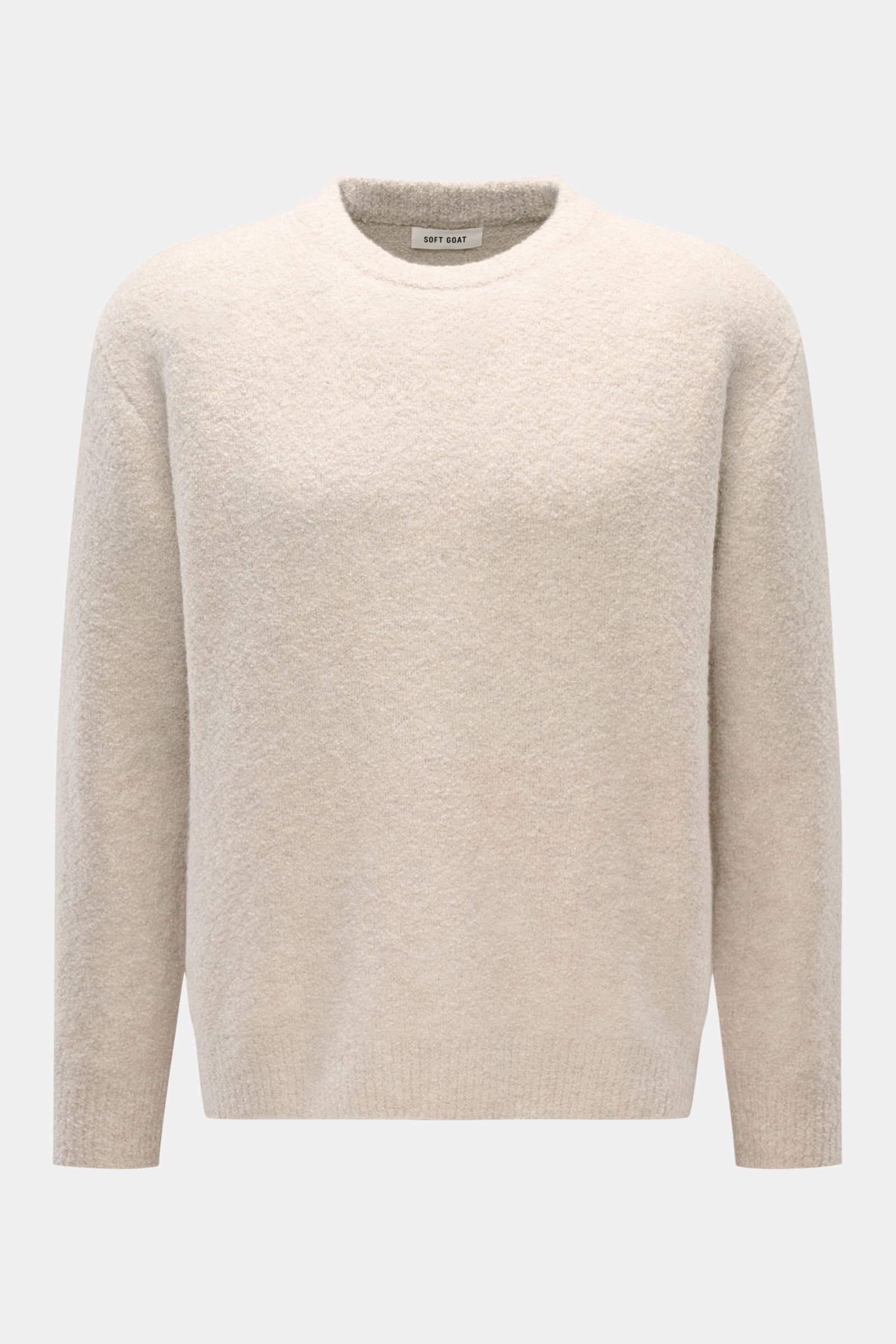 Soft Goat Rundhalspullover sand aus nachhaltigem Cashmere-Mix, Boucléstrick, soft, Regular Fit, Rundhals, breite Rippbündchen, frontale Aufnahme.