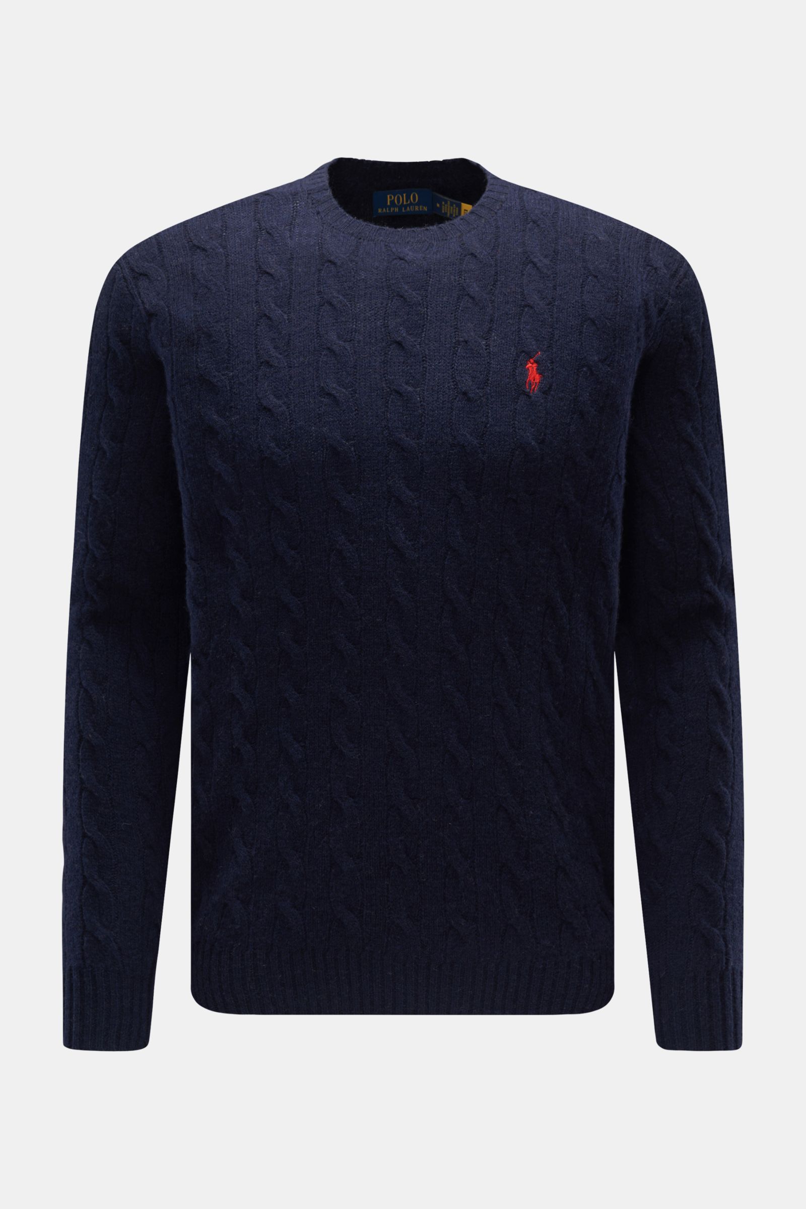 Front view of Polo Ralph Lauren Rundhalspullover dunkelblau in wool and cashmere mix with soft feel, cable knit, slim fit, round neck, red polo player stitch, and ribbed cuffs.