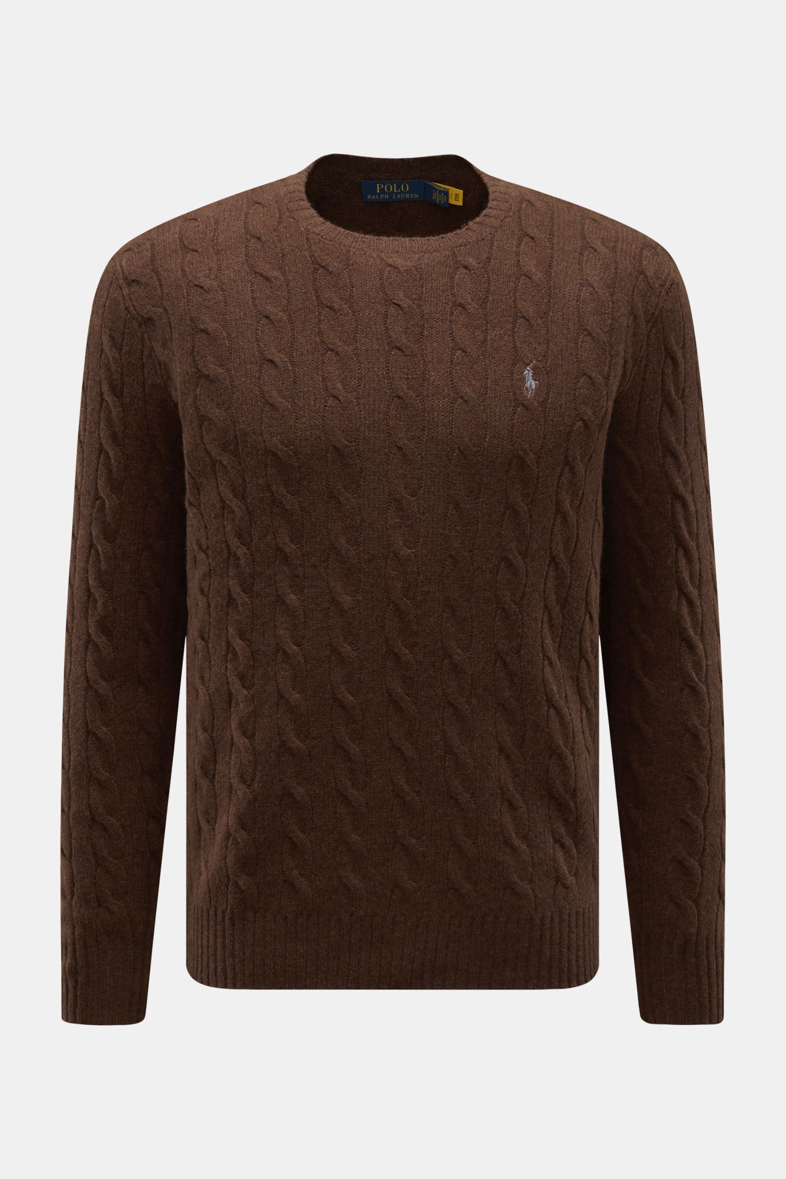 Polo Ralph Lauren Rundhalspullover braun, frontale Ansicht, aus Wolle und Cashmere, Zopfmuster, Slim Fit, Rundhalsausschnitt, Polospieler-Stitching auf der Brust.