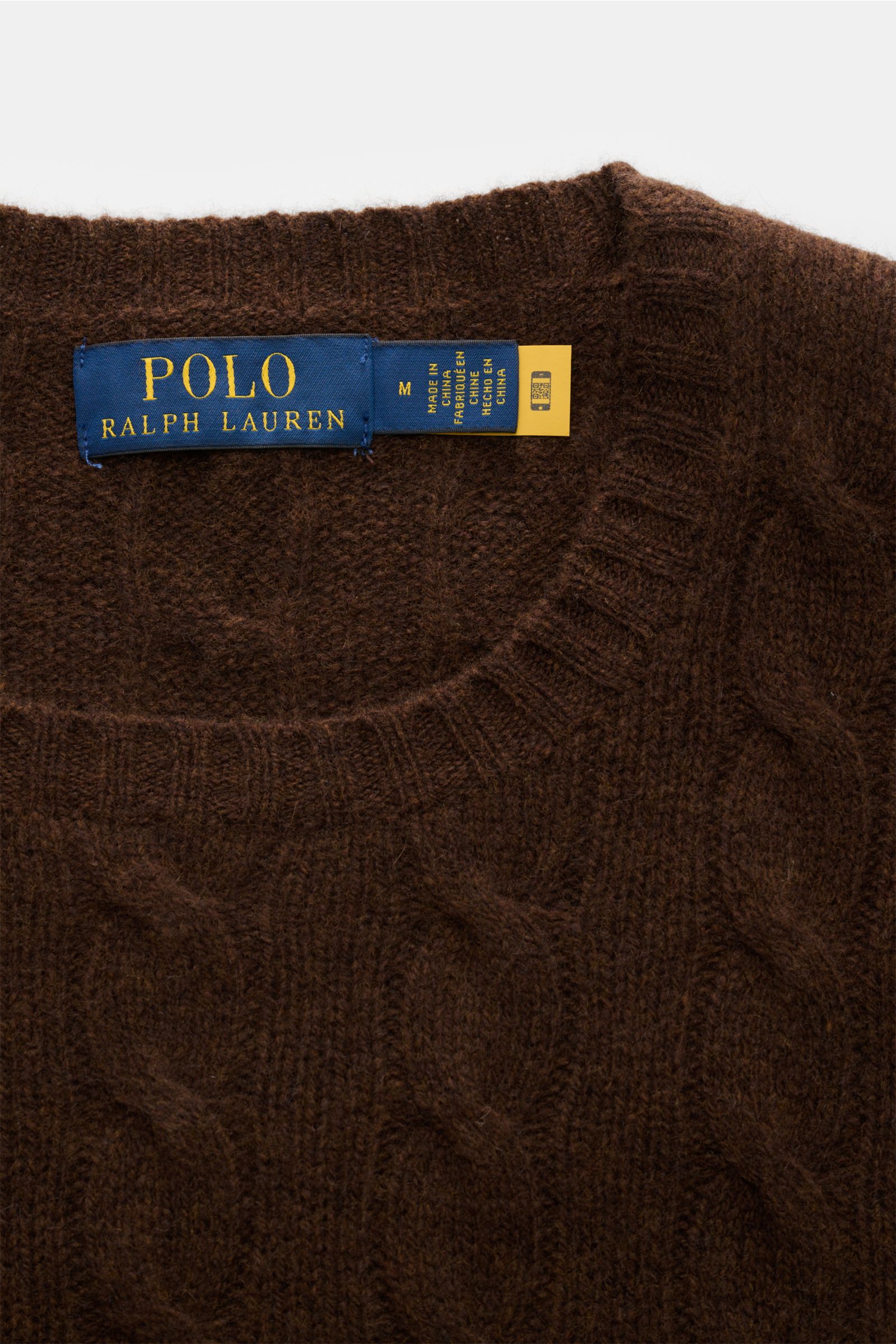 Polo Ralph Lauren Rundhalspullover braun, Nahaufnahme von oben, Wolle-Cashmere-Mix, Zopfmuster, Rundhals, Polospieler-Stitching, Slim Fit.