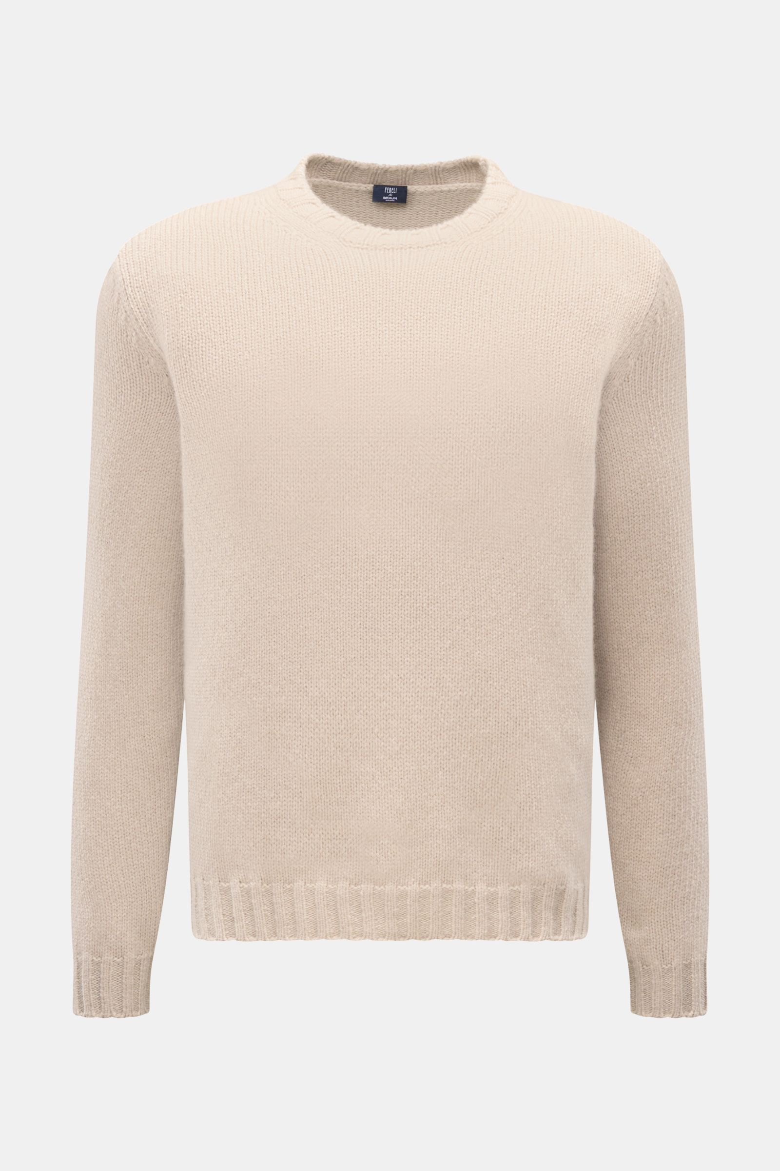 Fedeli Cashmere Rundhalspullover 'Argentina' sand shown from the front, made of pure, warm cashmere with a very soft feel, medium-knit texture, regular fit, round neckline, and flexible ribbed cuffs, ensuring highest wearing comfort. Der luxuriöse Rund