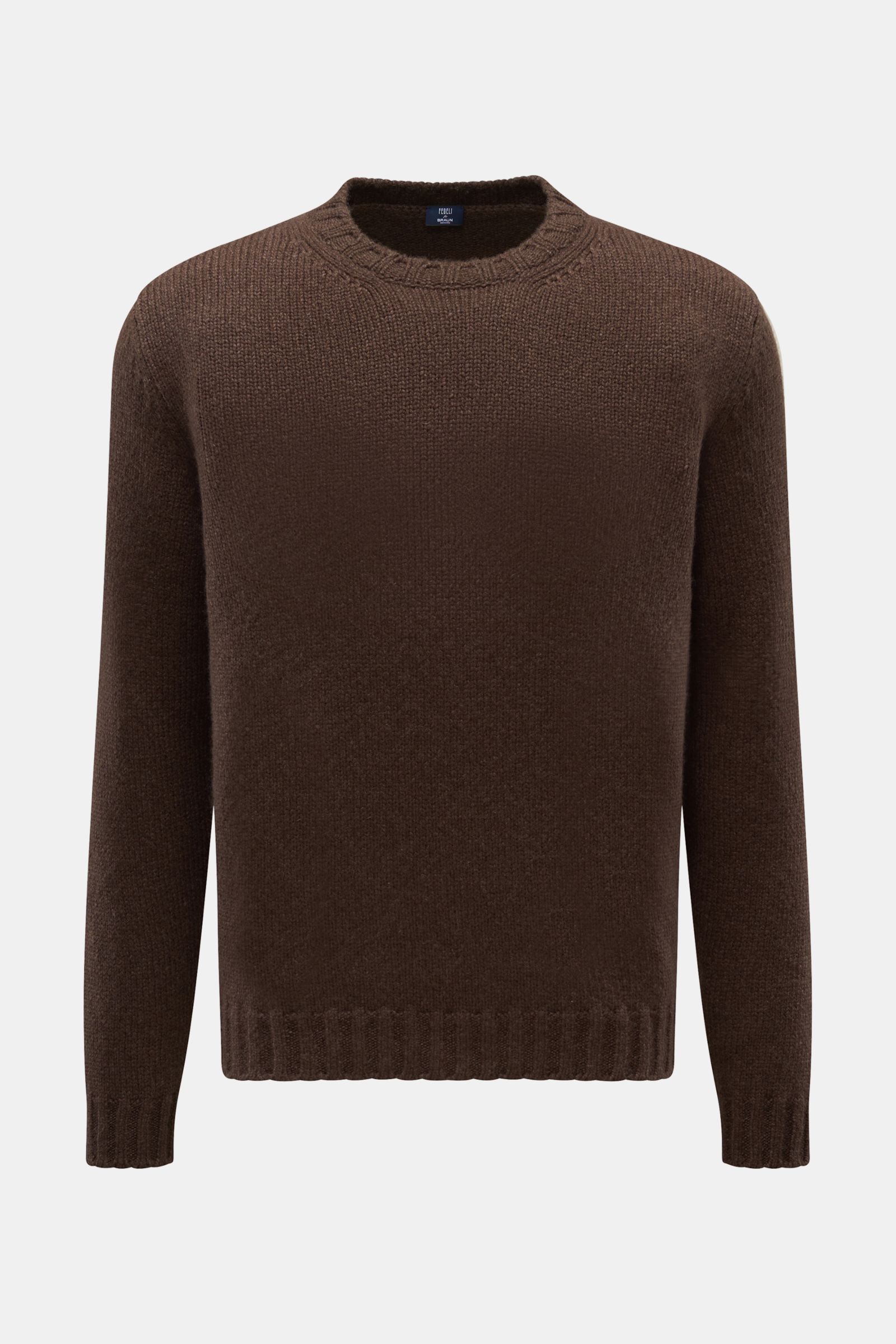 Fedeli Cashmere Rundhalspullover 'Argentina' dunkelbraun, frontal fotografiert, reiner Cashmere, weicher Griff, mittelgrobes Strickbild, Regular Fit, Rundhalsausschnitt, flexible Rippbündchen.