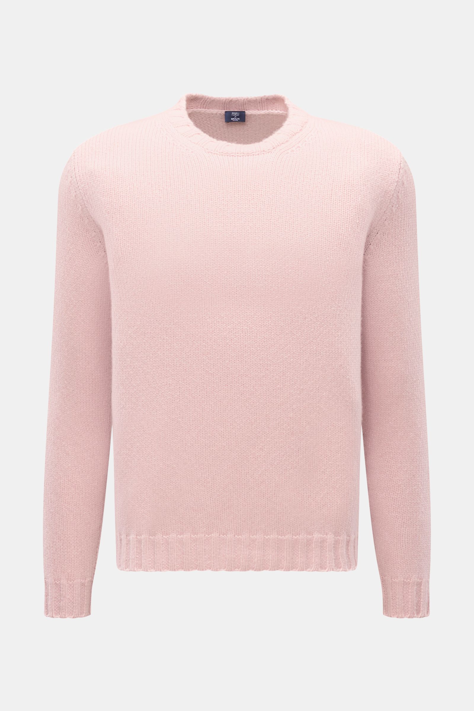 Fedeli Cashmere Rundhalspullover 'Argentina' rosé, frontale Aufnahme, reiner Cashmere, weicher Griff, mittelgrobes Strickbild, Regular Fit, Rundhalsausschnitt, flexible Rippbündchen.