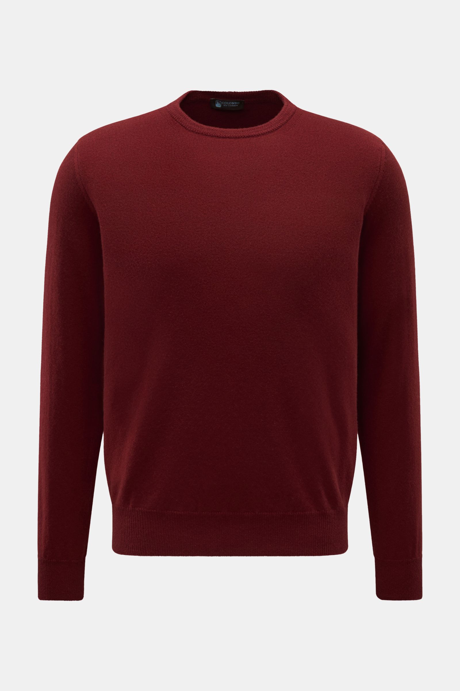 Colombo Cashmere Rundhalspullover bordeaux, frontal fotografiert, aus reinem Cashmere, weicher Griff, feines Strickbild, Regular Fit, Rundhalsausschnitt, flexible Rippbündchen, zeitloses Winter-Essential.