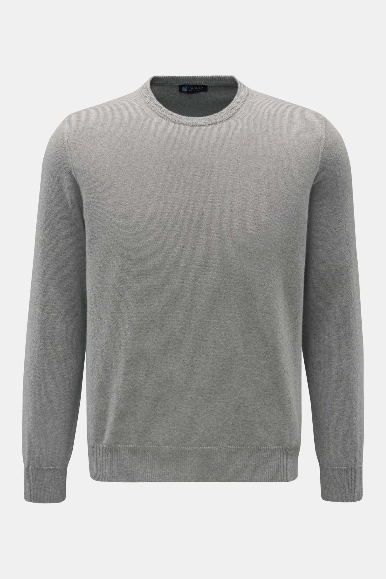 Colombo Cashmere Rundhalspullover grau, Slim Fit, reiner Kid-Cashmere, feines Strickbild, Strukturstrick am Rundhalsausschnitt, Rippbündchen, sehr weicher Griff, frontale Ansicht.