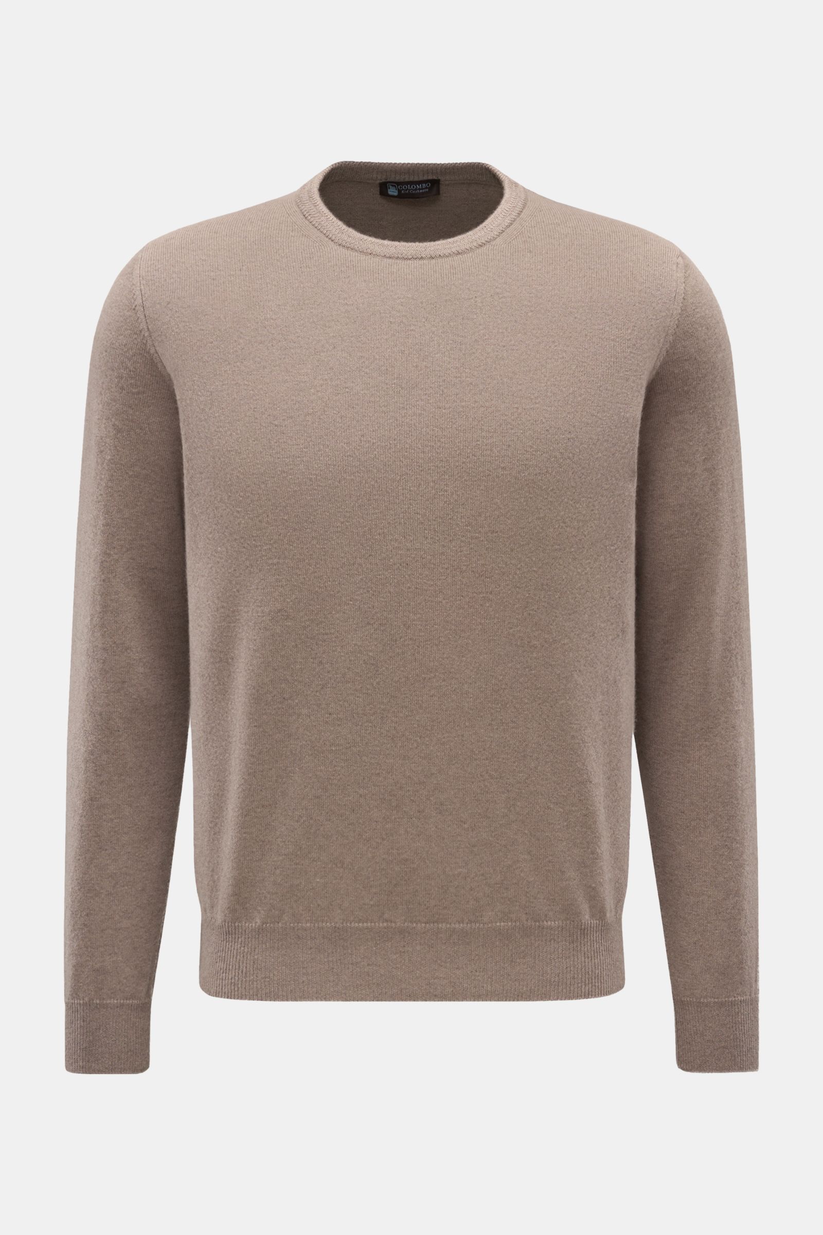 Colombo Cashmere Rundhalspullover taupe, Frontansicht, reiner Cashmere, weicher Griff, feines Strickbild, Regular Fit, Rundhalsausschnitt, flexible Rippbündchen