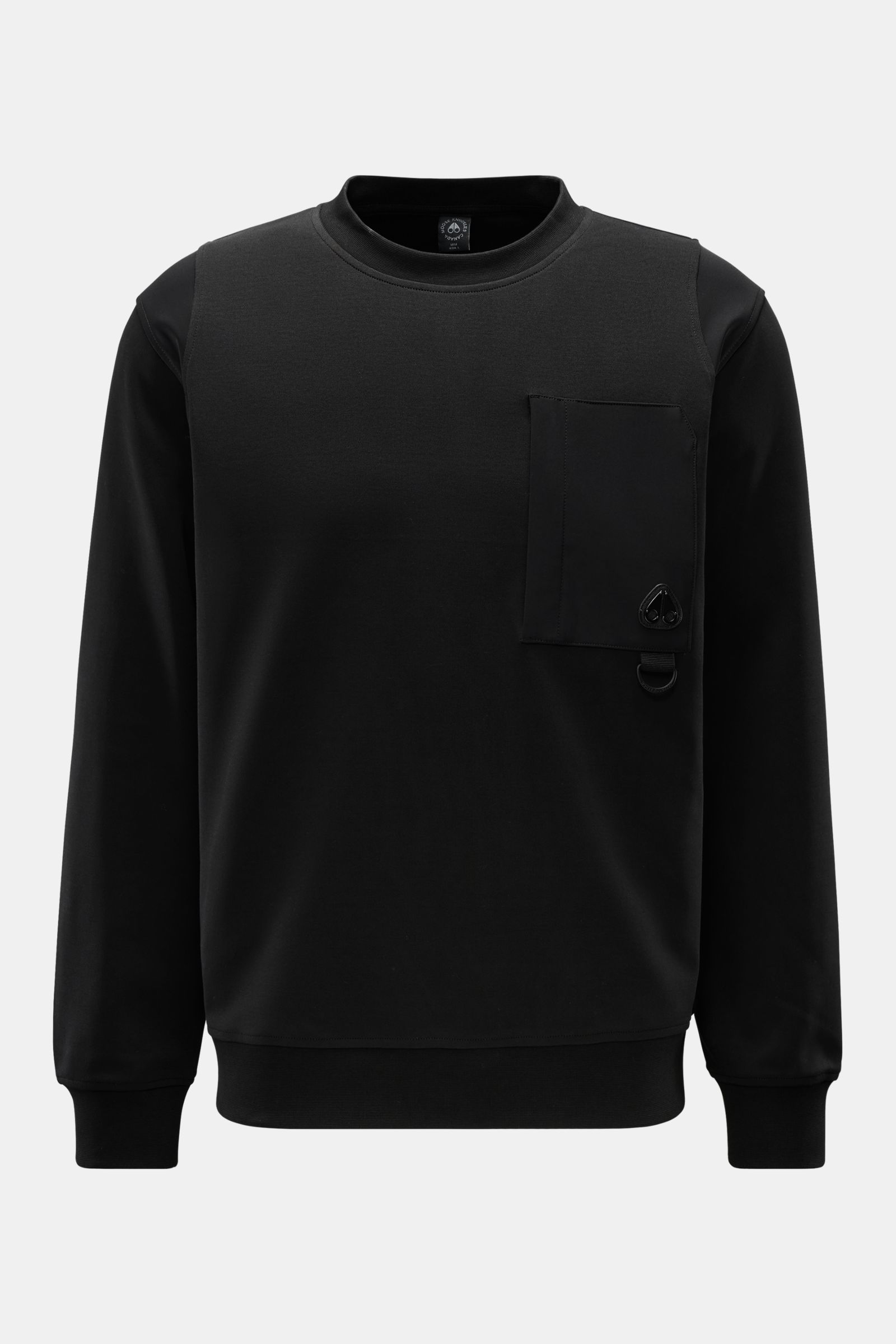 Moose Knuckles Crew neck sweatshirt 'Dalon Crew' black shown from the front, featuring a pure cotton jersey with smooth feel, regular fit, crew neck, zipped breast pocket with metal logo, and wide bands. Refined sportswear: A practical zip pocket featurin