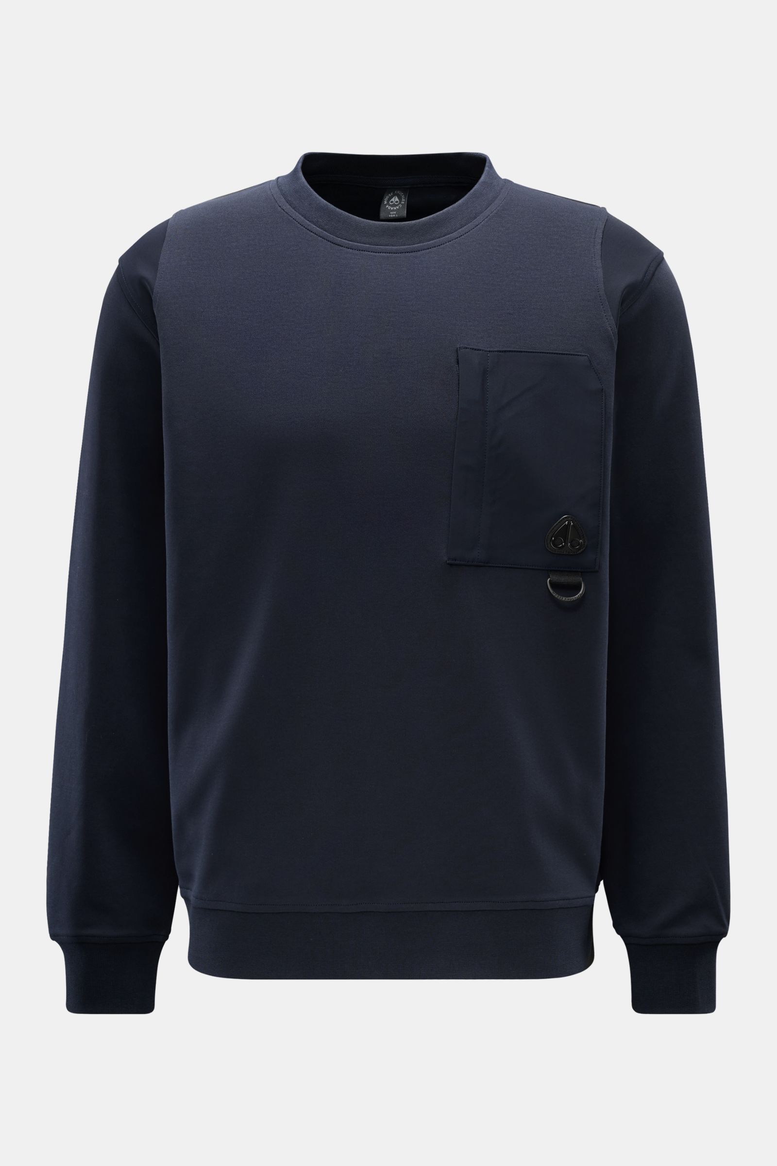 Moose Knuckles Rundhals-Sweatshirt 'Dalon Crew' navy, Frontansicht, Baumwoll-Jersey, Regular Fit, Zipper-Brusttasche mit Metall-Logo, breite Bündchen.