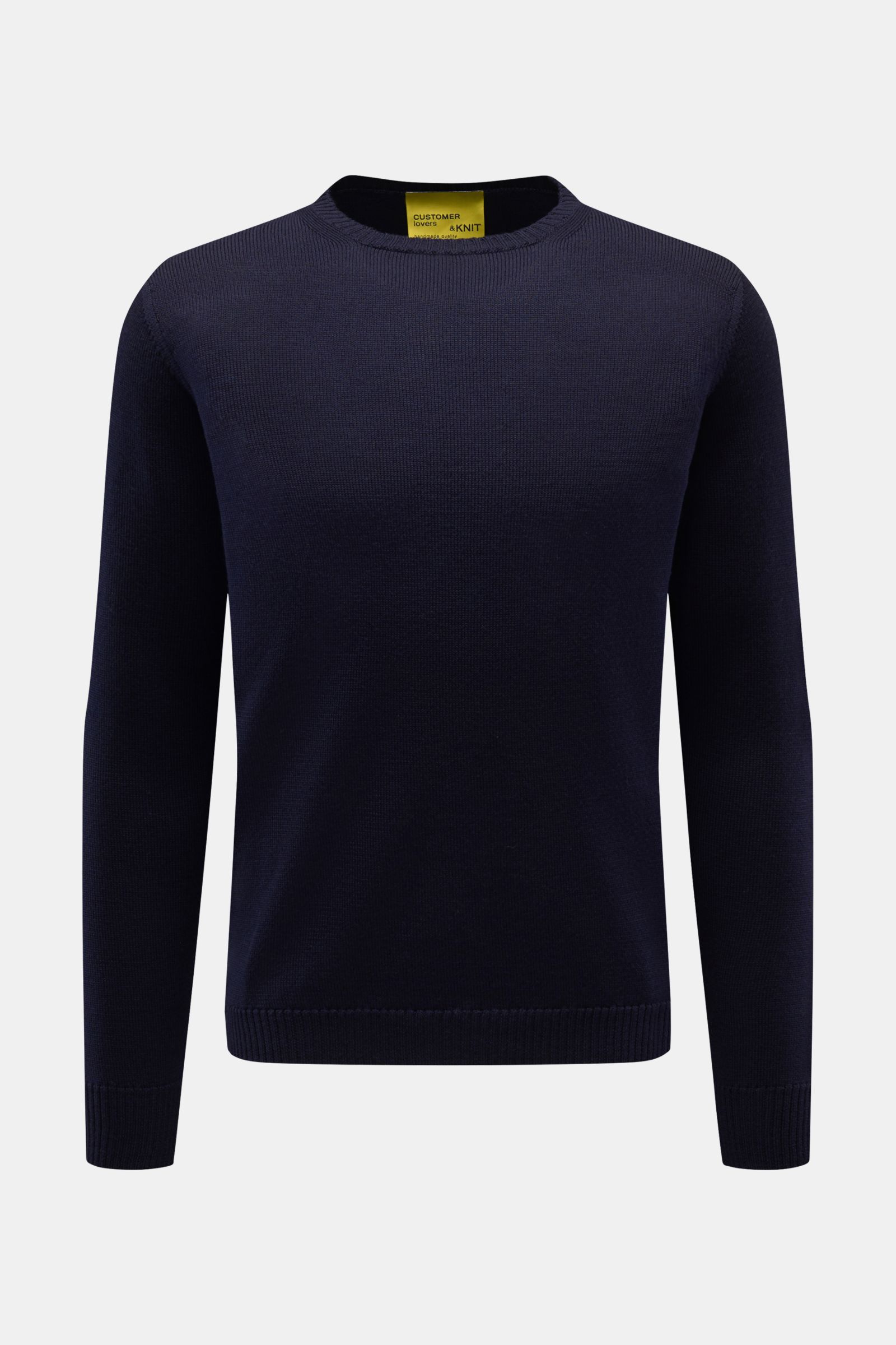 B.F. Knitwear Merino Rundhalspullover navy, frontal fotografiert, Slim Fit, reine Merinowolle, weicher Griff, mittelgrobes Strickbild, Rundhalsausschnitt, flexible Rippstrick-Bündchen.