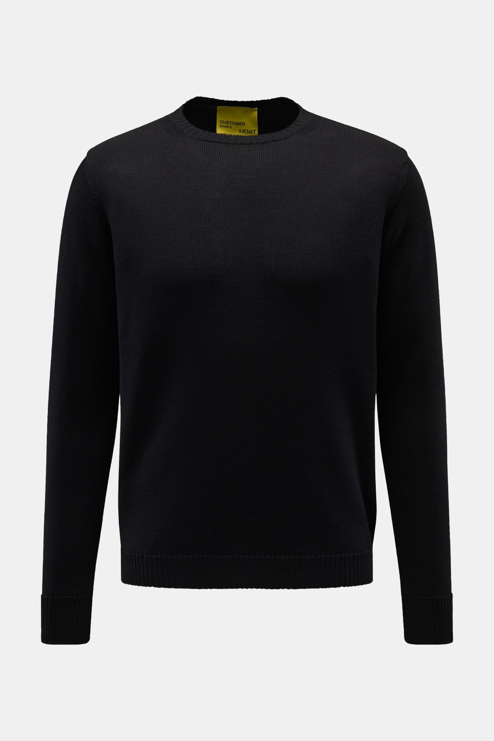 B.F. Knitwear Merino Rundhalspullover schwarz, frontal abgebildet, Slim Fit, reine Merinowolle, weicher Griff, mittelgrobes Strickbild, Rundhalsausschnitt, flexible Rippstrick-Bündchen.