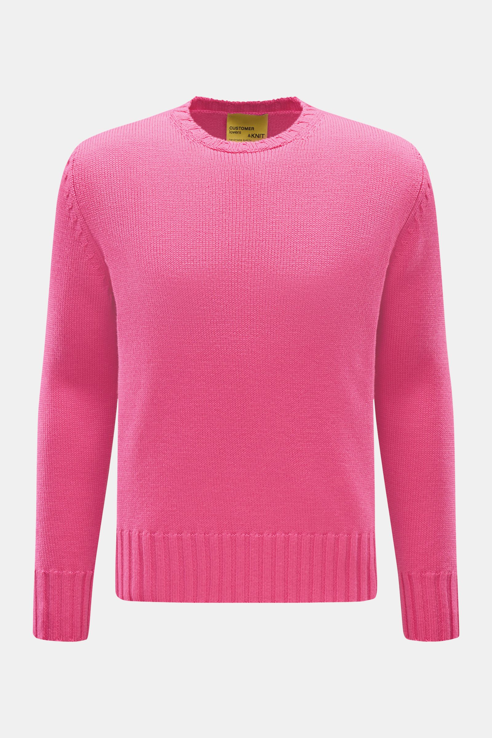 B.F. Knitwear Merino Rundhalspullover magenta, frontal fotografiert, Slim Fit, reine Merinowolle, weicher Griff, mittelgrobes Strickbild, Rundhalsausschnitt, breite Rippstrick-Bündchen.