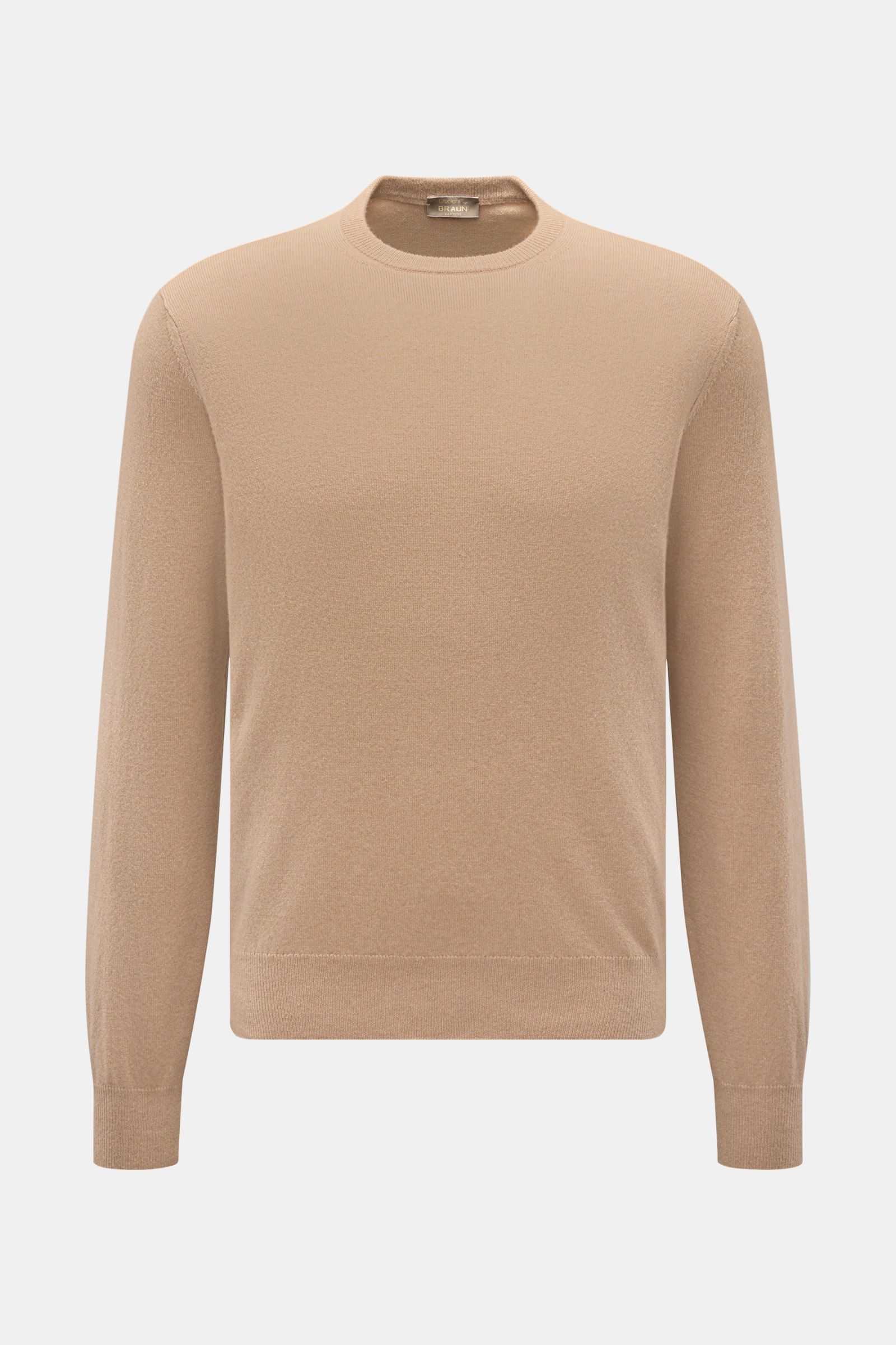 Front view of a Cruciani Cashmere crew neck jumper beige, made from pure cashmere with a smooth touch, fine knit, slim fit, crew neck, and elasticated rib knit bands. CRUCIANI has used the finest soft cashmere yarn to create a classic crew neck jumper 