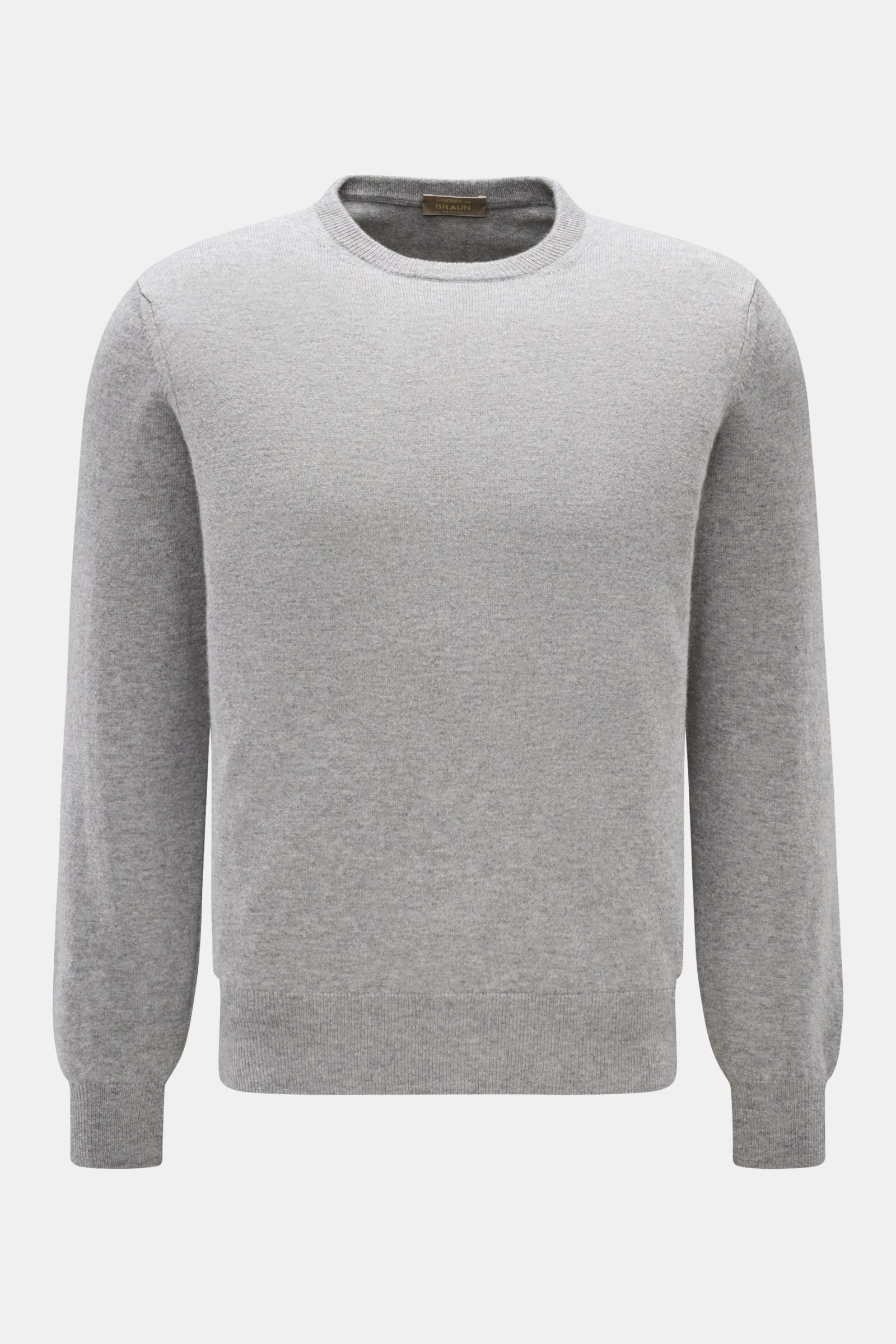 Cruciani Cashmere Rundhalspullover grau meliert, Slim Fit, feines Strickbild, Rundhalsausschnitt, elastische Rippbündchen, frontal fotografiert.