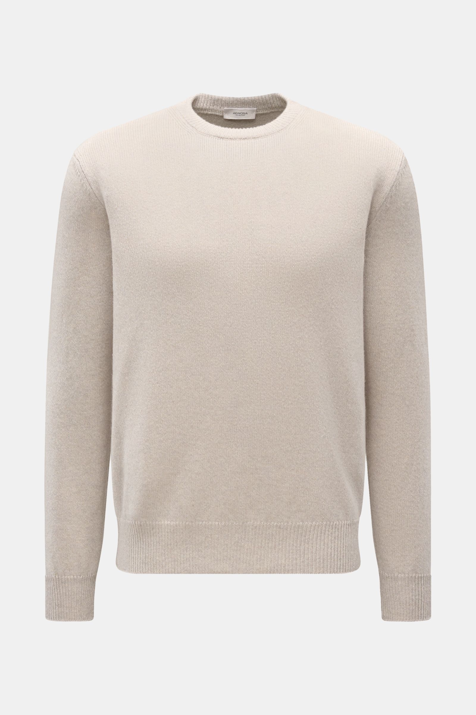 Agnona Cashmere Rundhalspullover sand meliert shown from the front, a soft, fine-knit, 100% cashmere sweater with regular fit, round neckline, flexible ribbed cuffs, and a small metal logo. Zeitlose Eleganz für Herbst und Winter: Der Rundhalspullover d