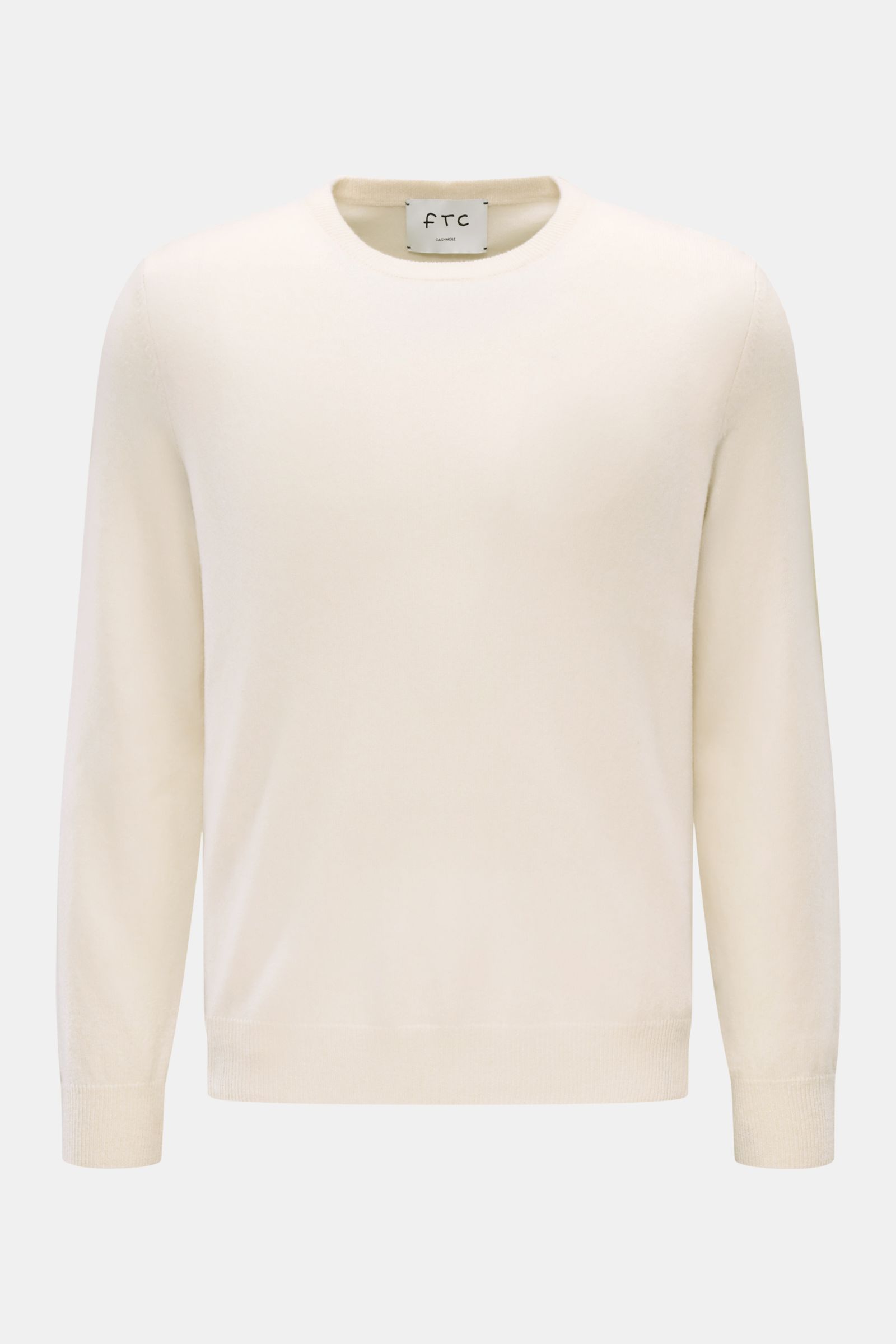 FTC Cashmere Rundhalspullover creme, Slim Fit, feines Strickbild, reiner Cashmere, sehr weich, mit Rundhalsausschnitt und Rippbündchen, frontale Perspektive.