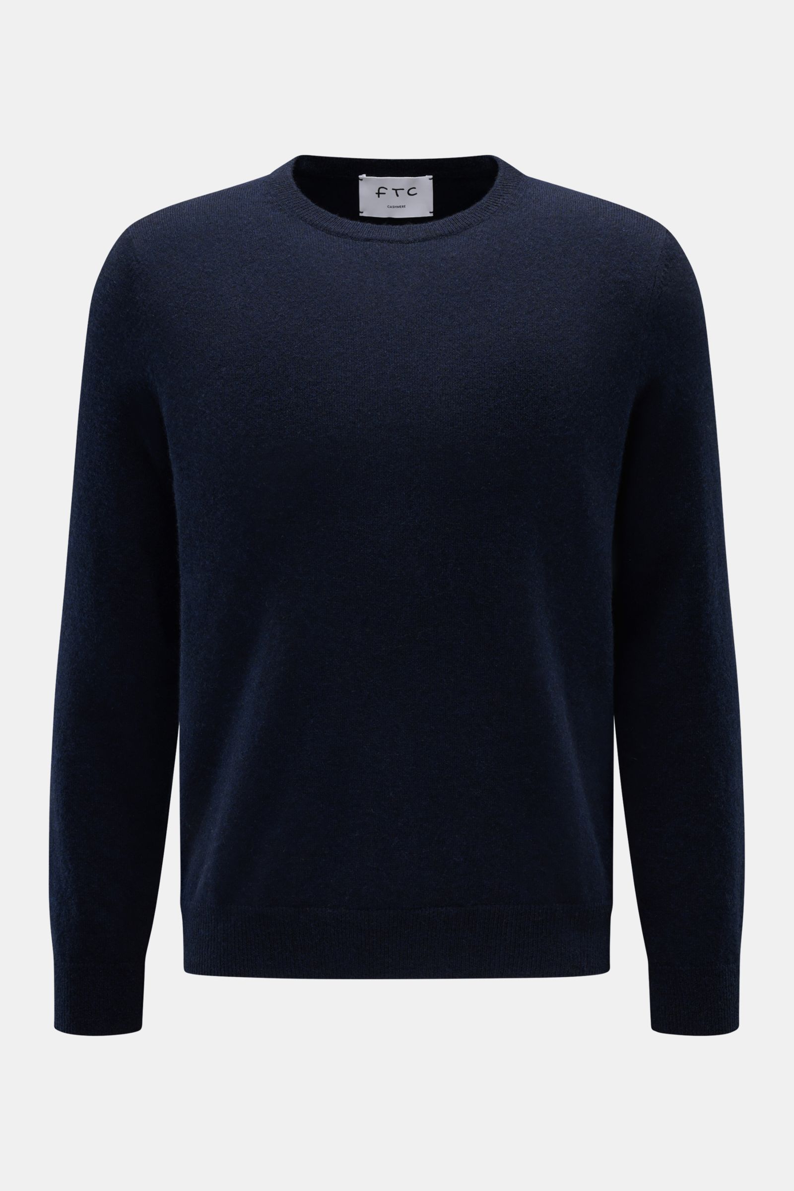 FTC Cashmere Rundhalspullover navy, frontal fotografiert, Slim Fit, reiner Cashmere, sehr weicher Griff, feines Strickbild, Rundhalsausschnitt, Rippbündchen.